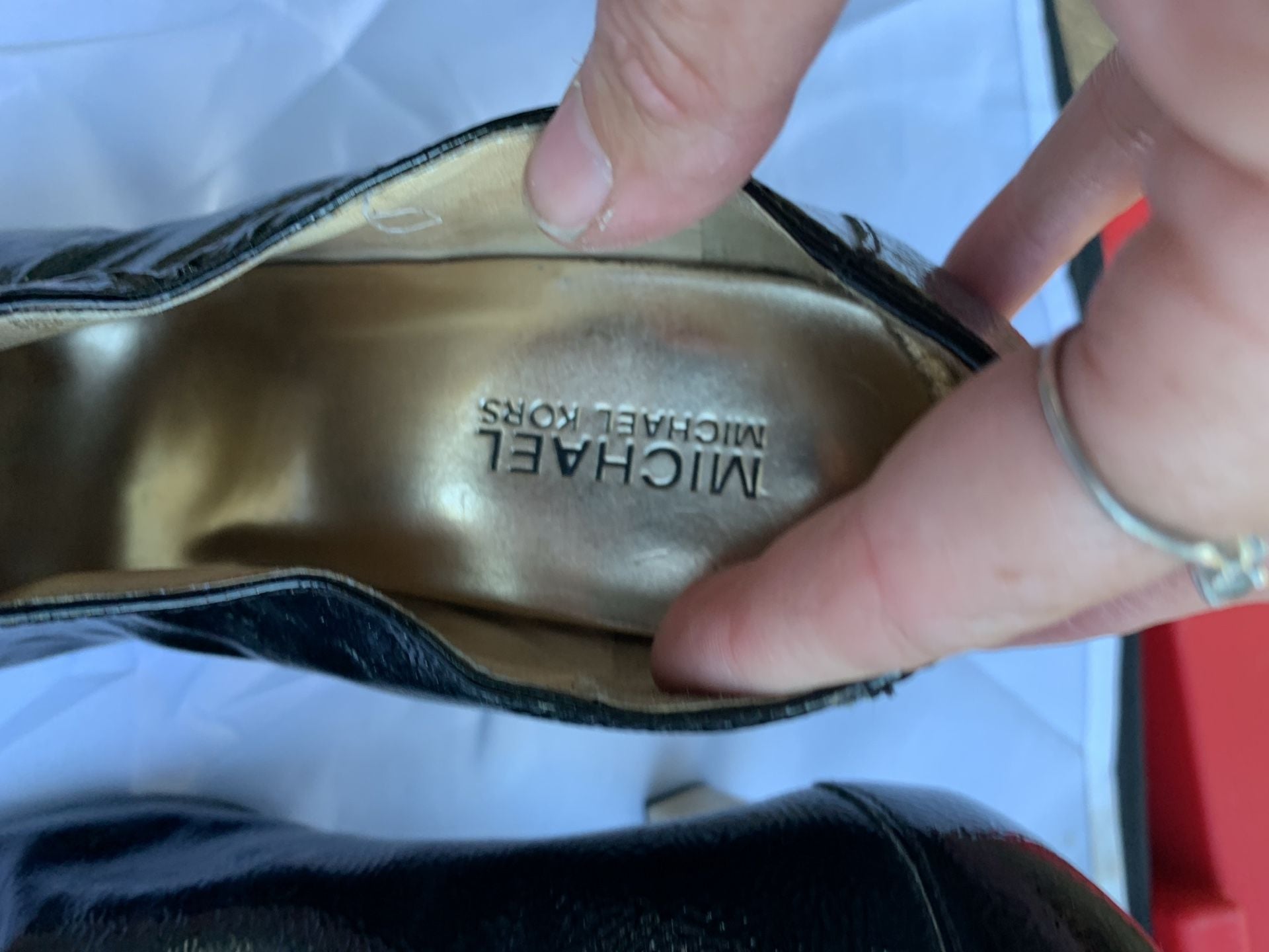 Michael Michael Kors Open Toe Bootie Heels Size 7.5 Black Patent Gold Heel 5