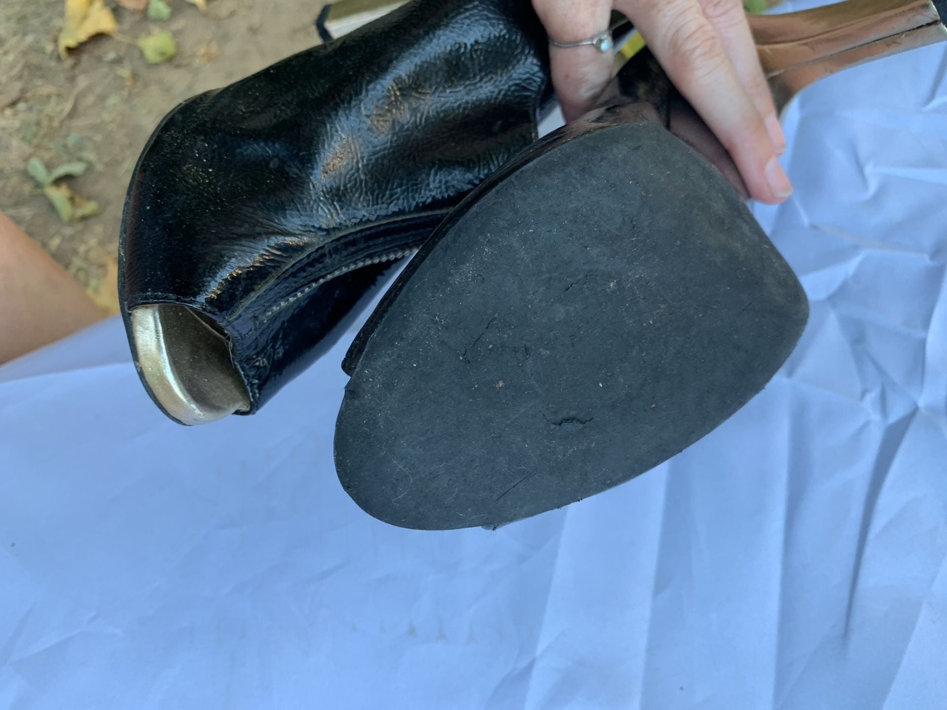 Michael Michael Kors Open Toe Bootie Heels Size 7.5 Black Patent Gold Heel 8