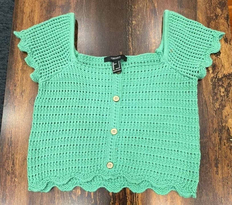 Forever 21 Crochet Crop Top Size S Green Square Neck 2