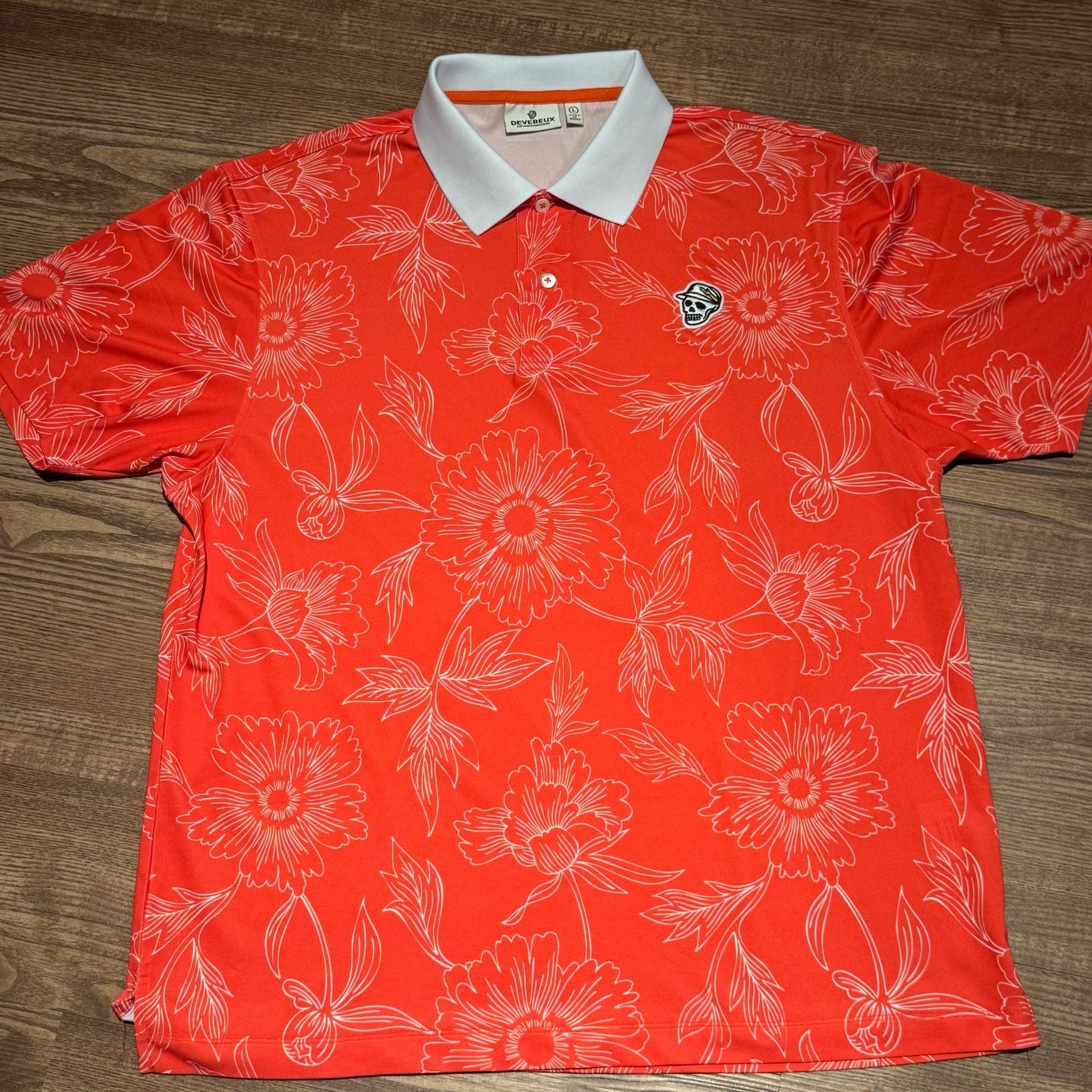 Devereux Golf Polo Shirt Size L Orange Floral Skull Back Graphic 3