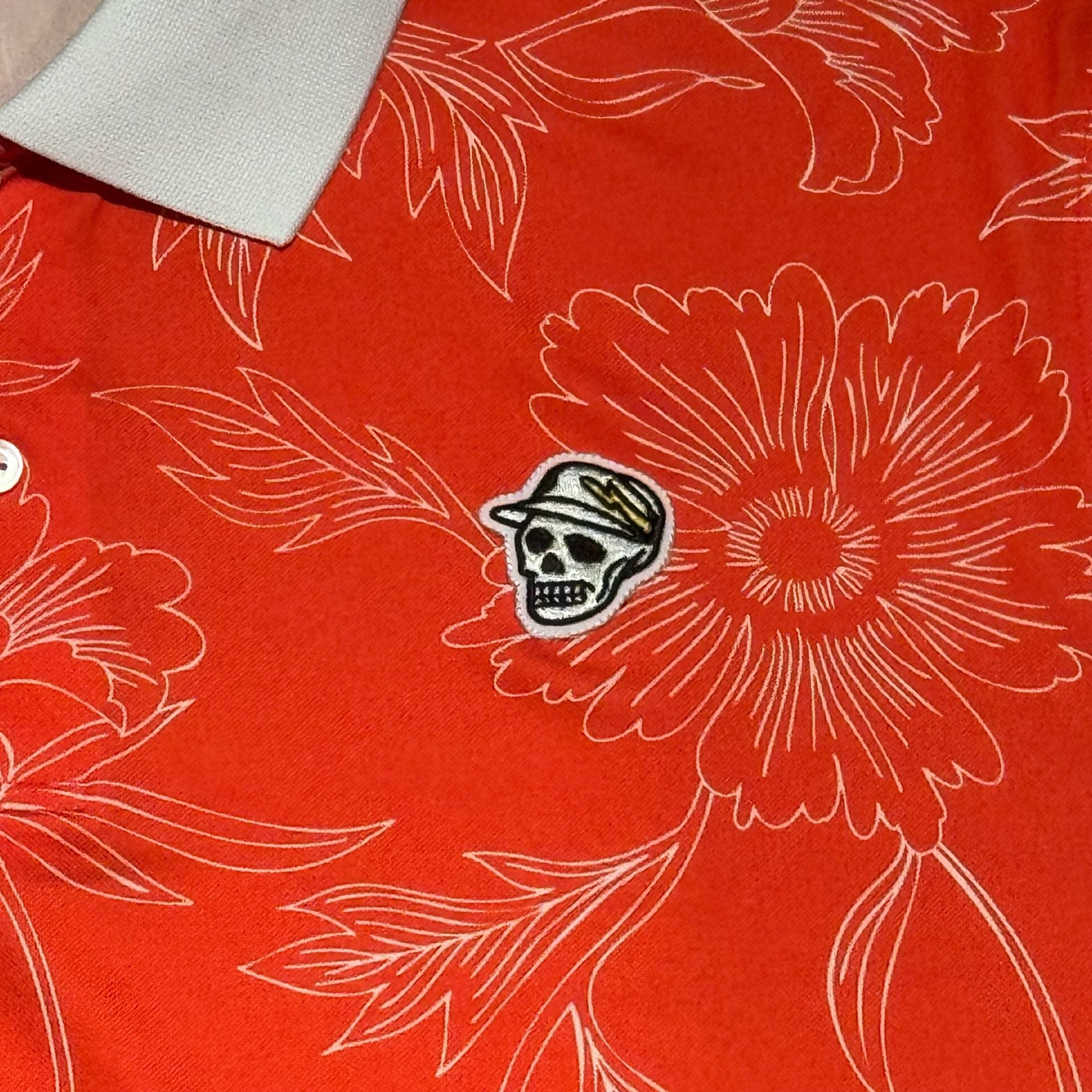 Devereux Golf Polo Shirt Size L Orange Floral Skull Back Graphic 5