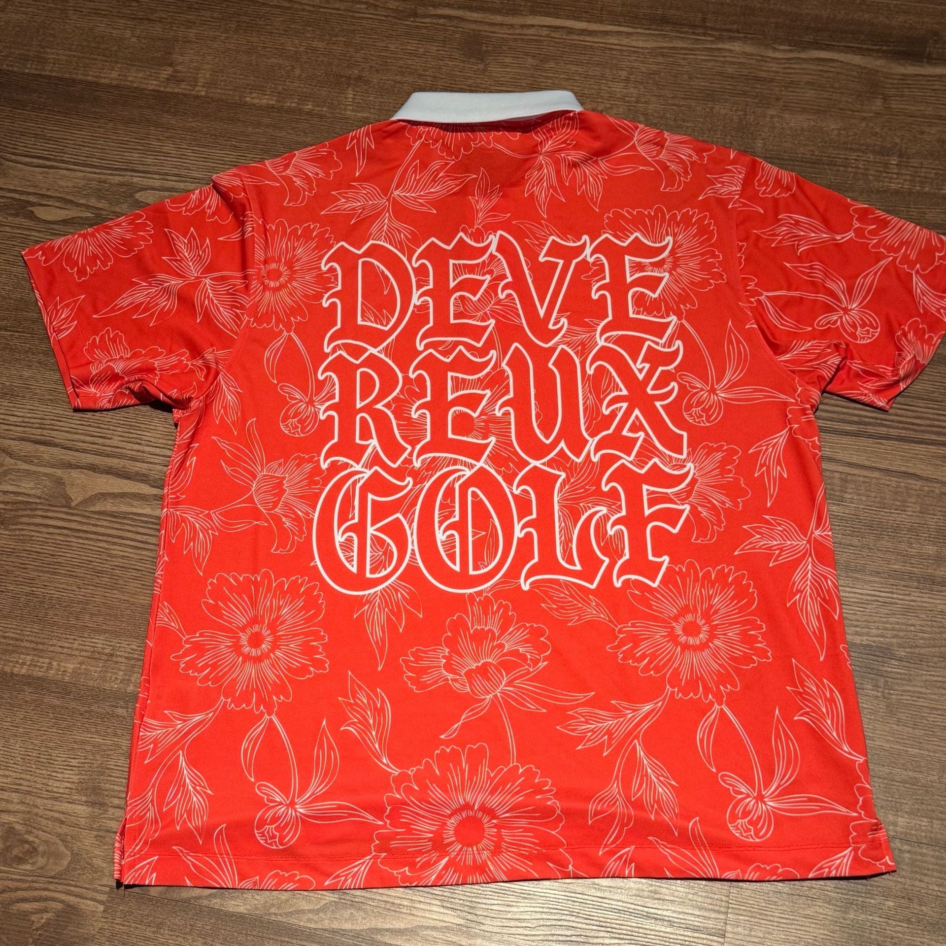 Devereux Golf Polo Shirt Size L Orange Floral Skull Back Graphic 7