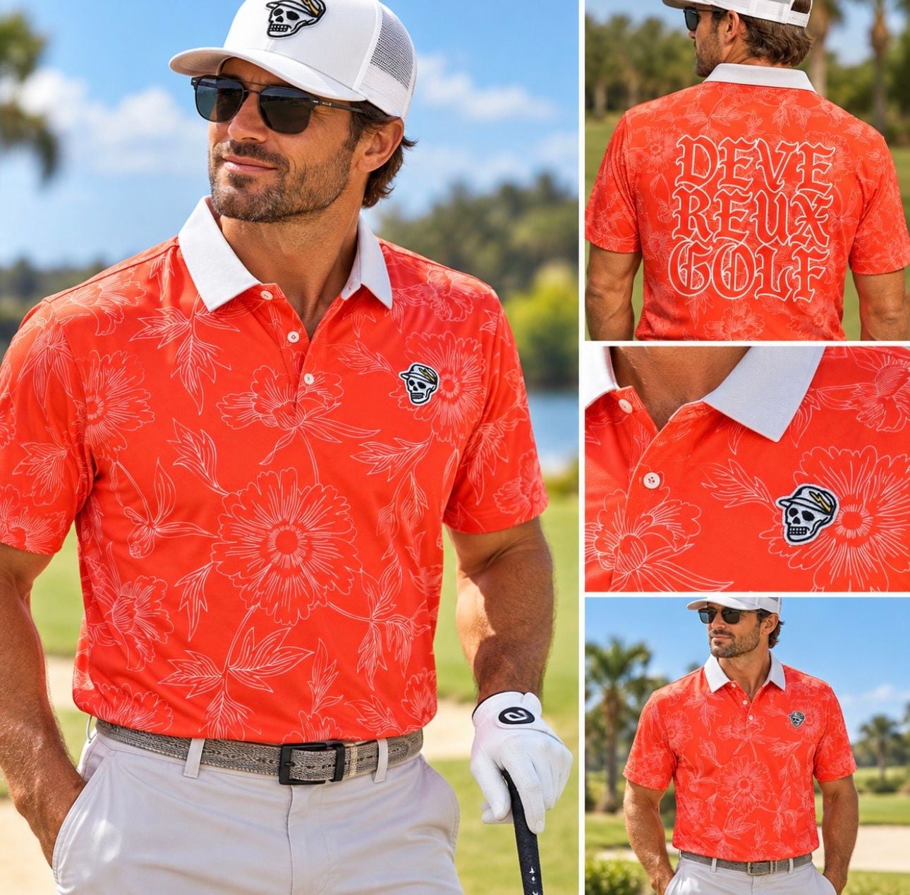 Devereux Golf Polo Shirt Size L Orange Floral Skull Back Graphic 2