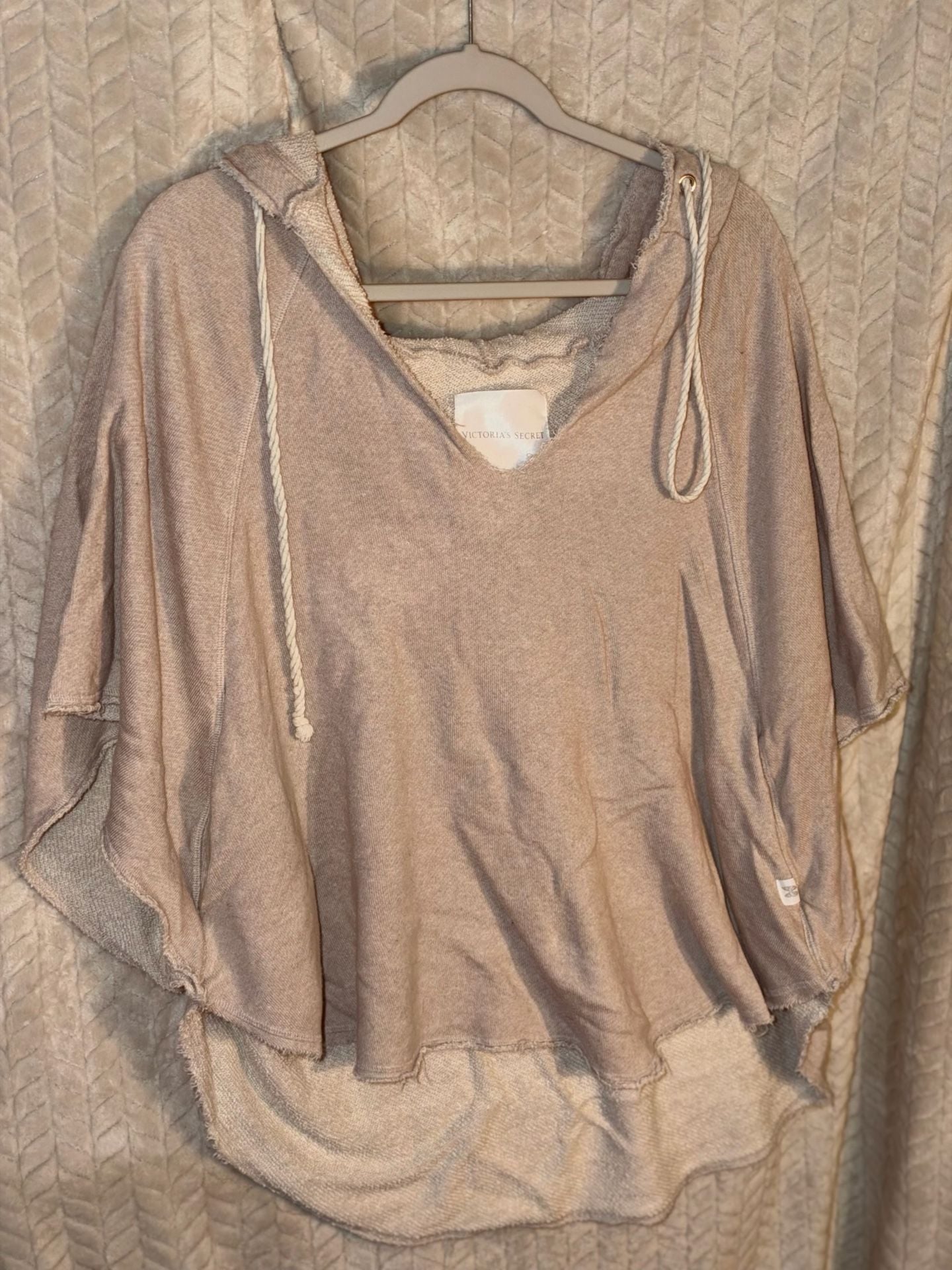 Victoria's Secret Hooded Poncho Size M Taupe Raw Hem Sweatshirt 1