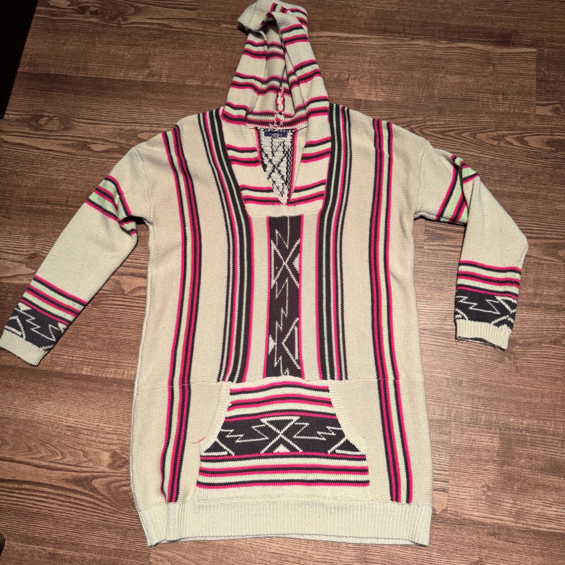 Aheero Baja Hoodie Sweater M/L Pink Cream Striped Aztec Boho Western Pullover 3
