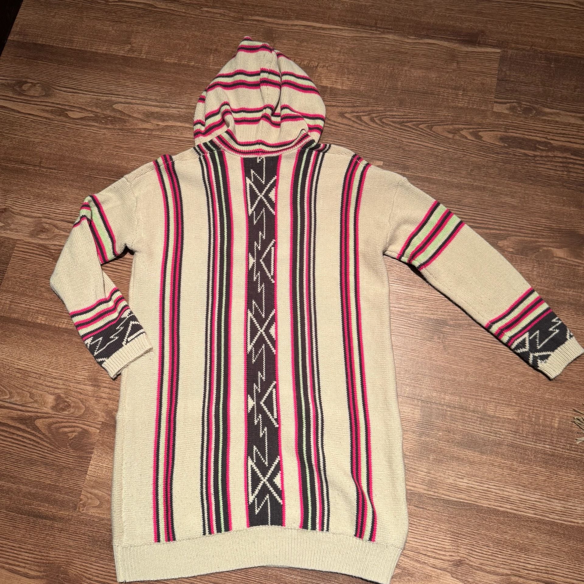 Aheero Baja Hoodie Sweater M/L Pink Cream Striped Aztec Boho Western Pullover 5