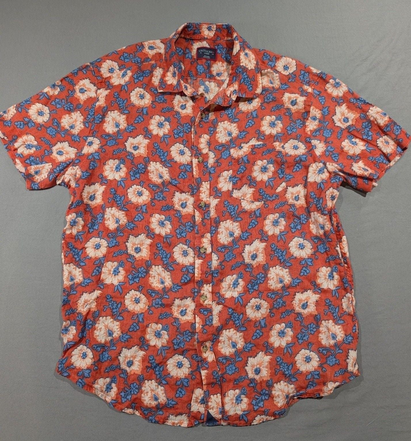 UNTUCKit Short Sleeve 100% Linen Shirt Size Large Red Blue Floral Print 4