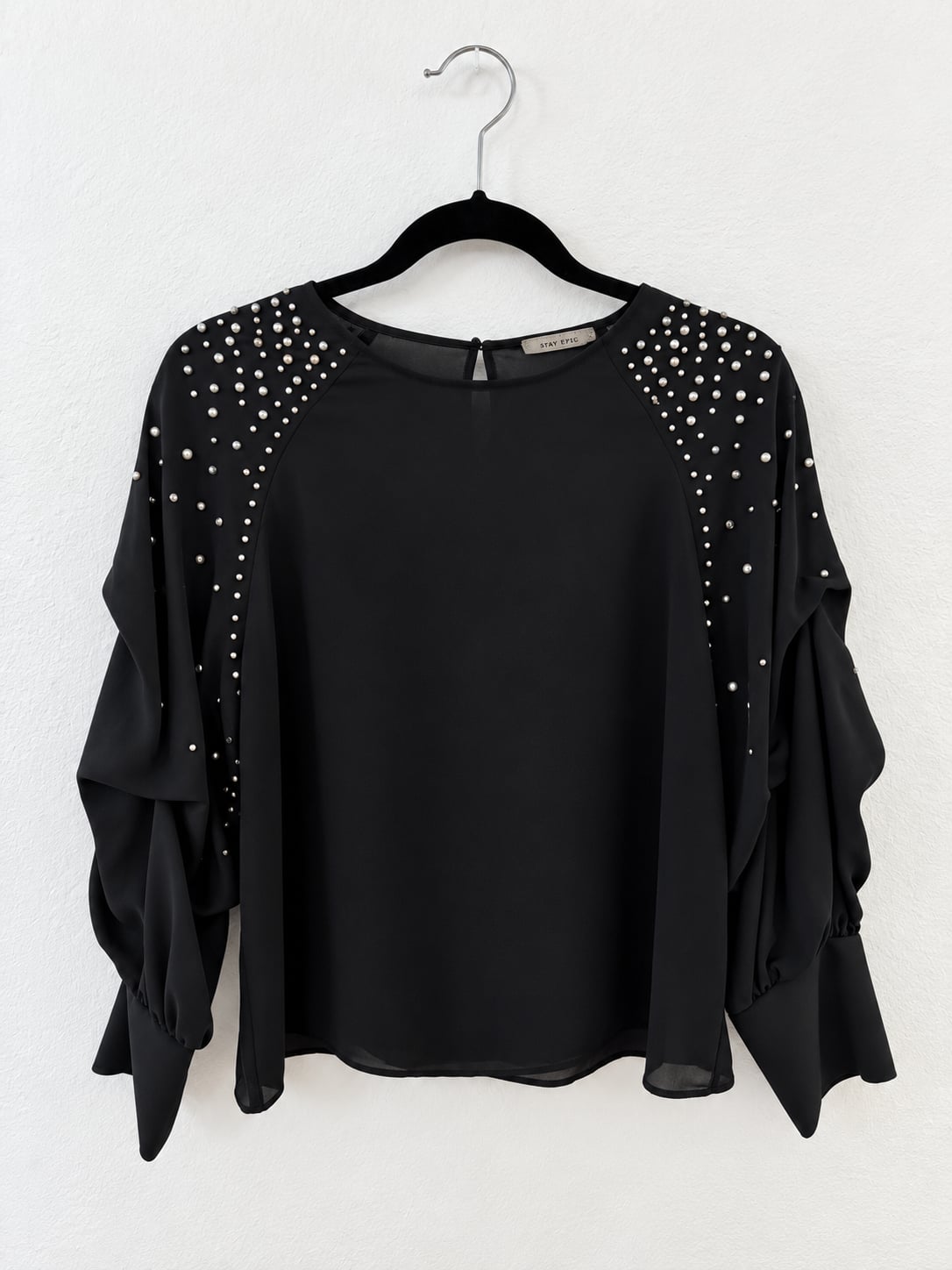Zara Basic Collection Blouse Size M Black Studded Long Sleeve 2