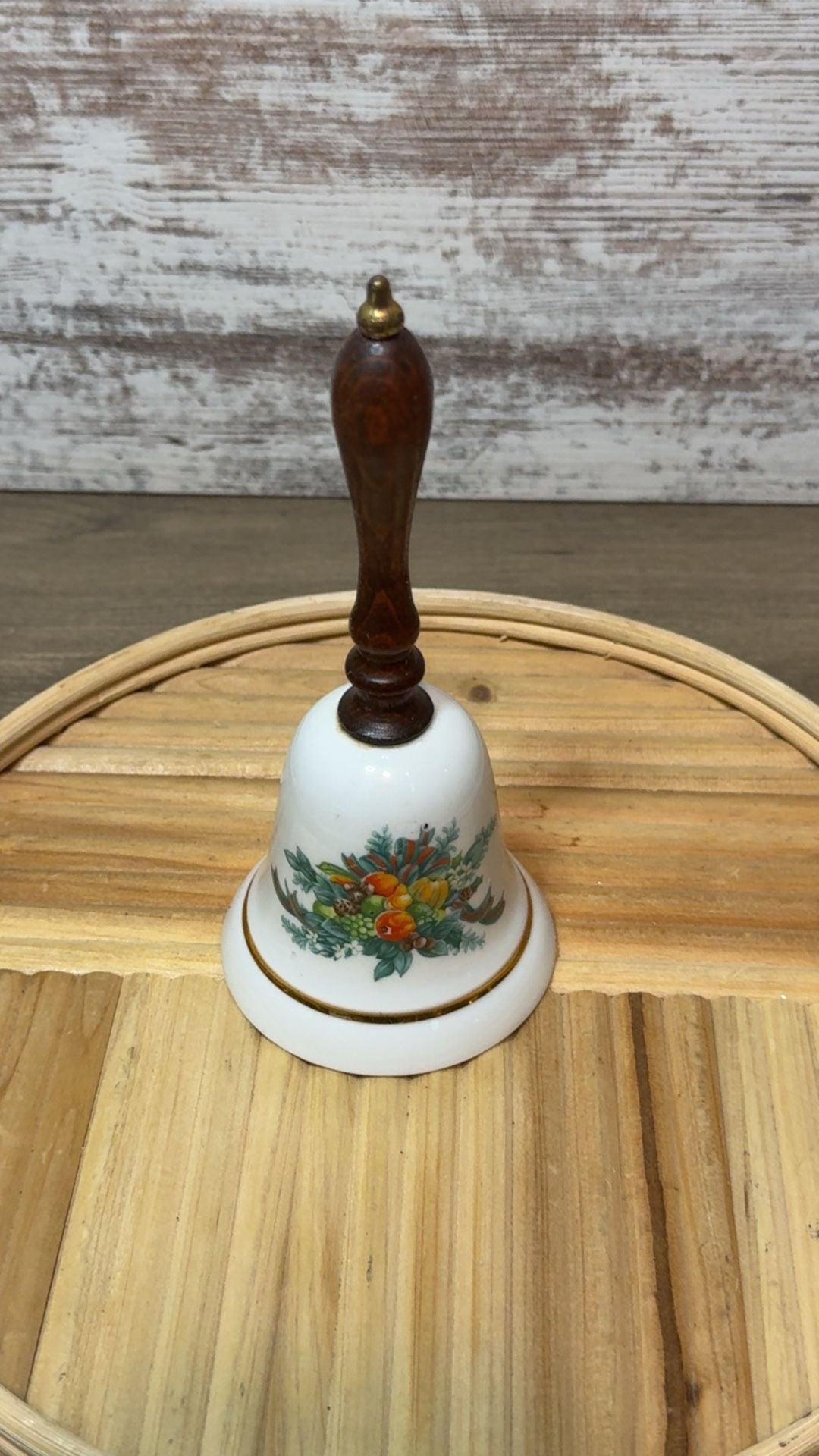 Vintage Avon Christmas 1985 Porcelain Bell Wood Handle Fruit Floral Gold Trim 1