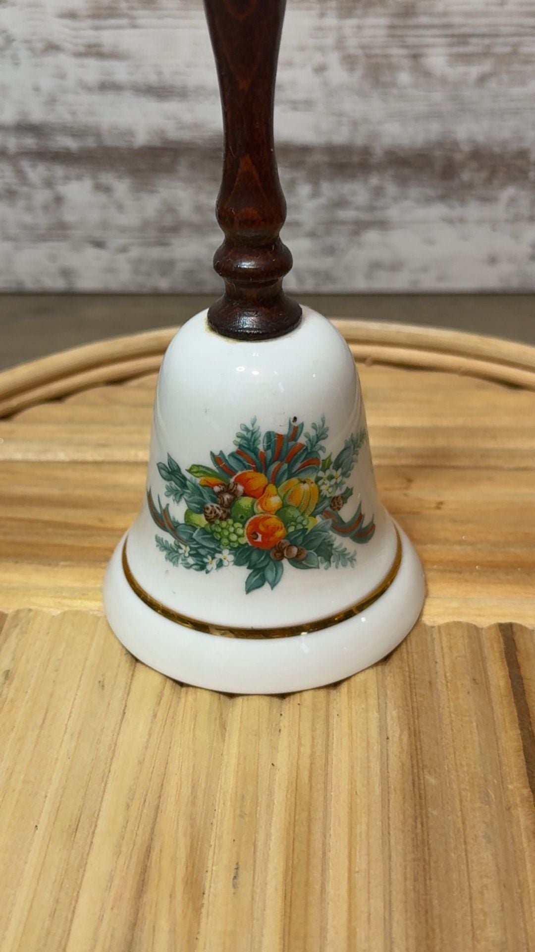 Vintage Avon Christmas 1985 Porcelain Bell Wood Handle Fruit Floral Gold Trim 2
