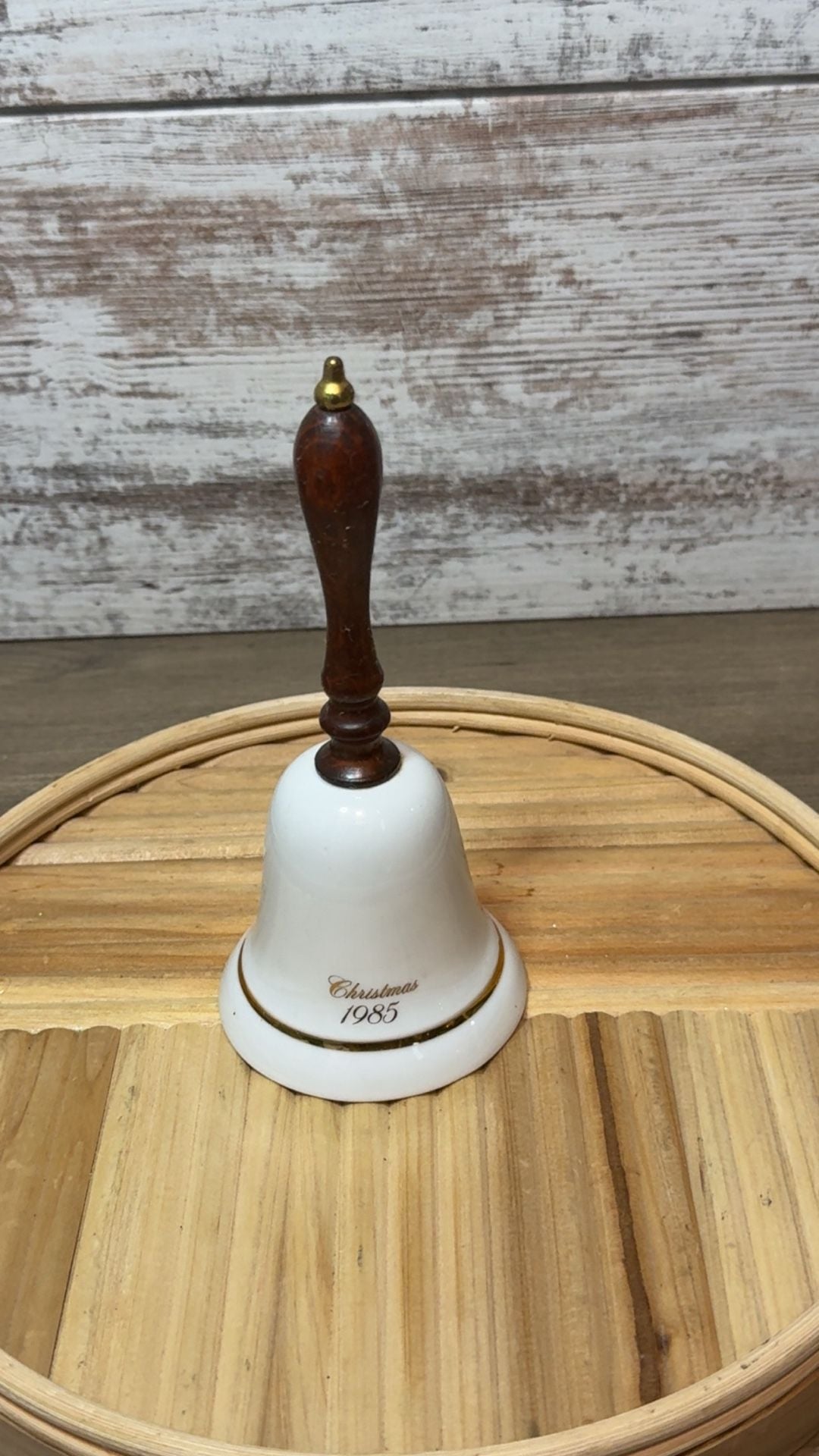 Vintage Avon Christmas 1985 Porcelain Bell Wood Handle Fruit Floral Gold Trim 3