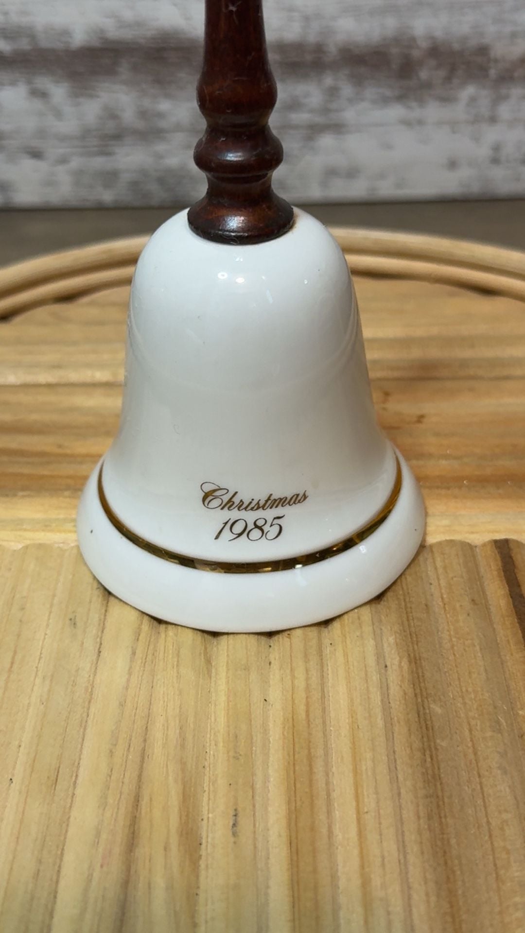 Vintage Avon Christmas 1985 Porcelain Bell Wood Handle Fruit Floral Gold Trim 4