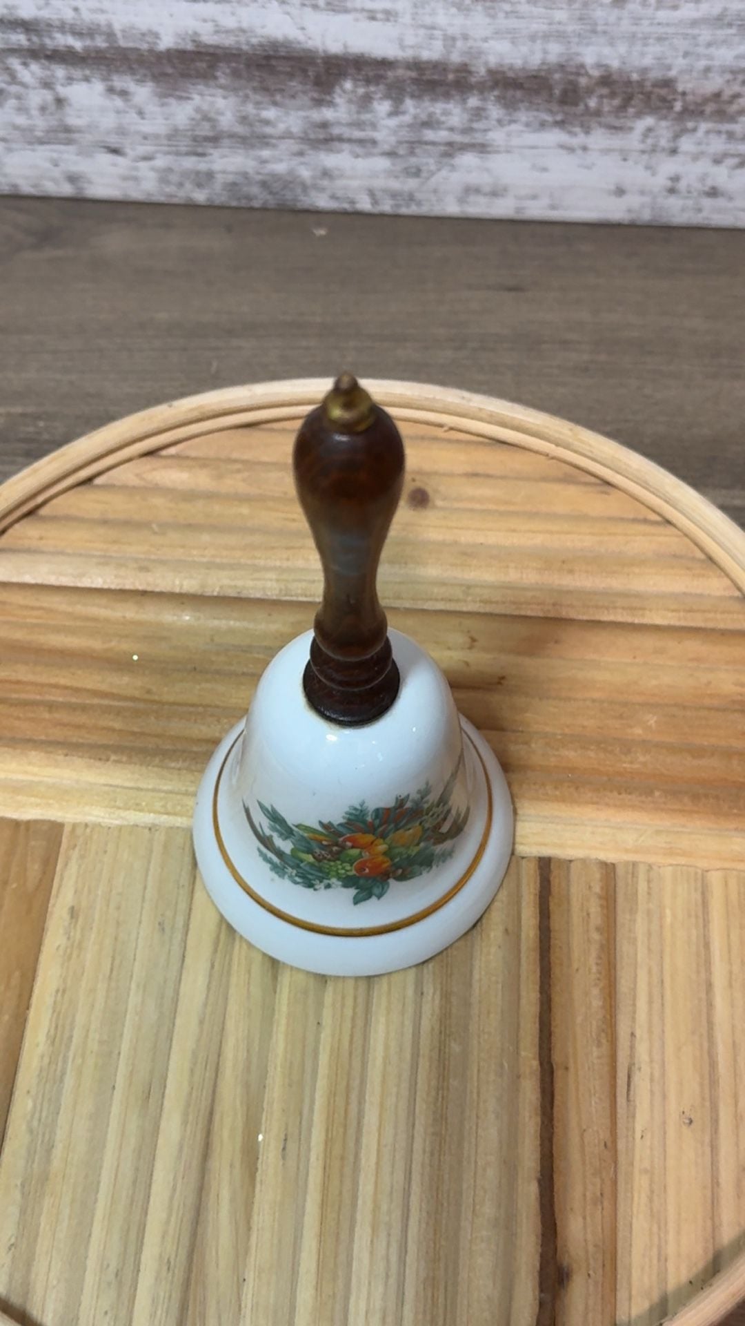Vintage Avon Christmas 1985 Porcelain Bell Wood Handle Fruit Floral Gold Trim 6