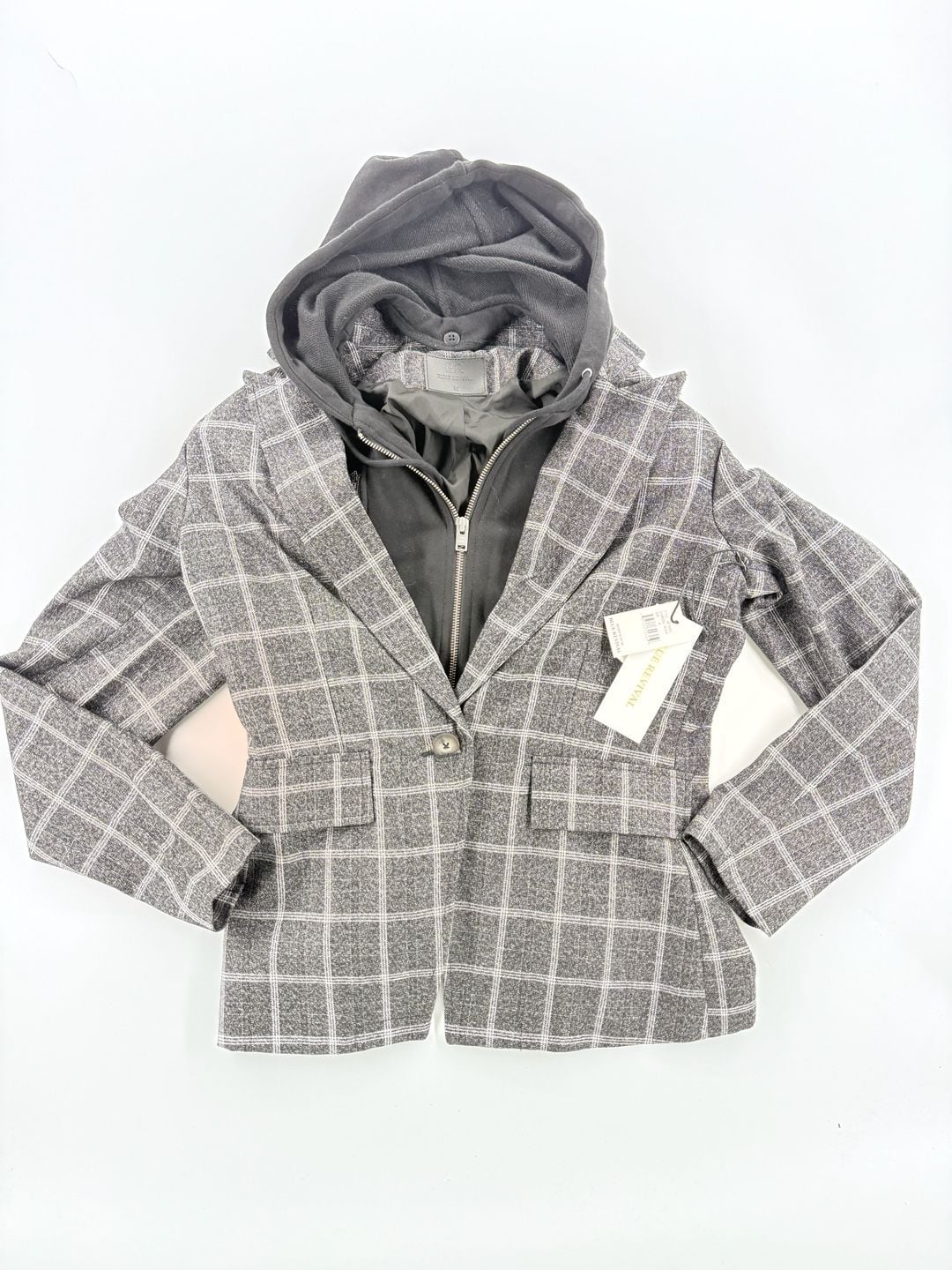 Blue Revival Plaid Blazer With Removable Hoodie Size M Charcoal Black 1