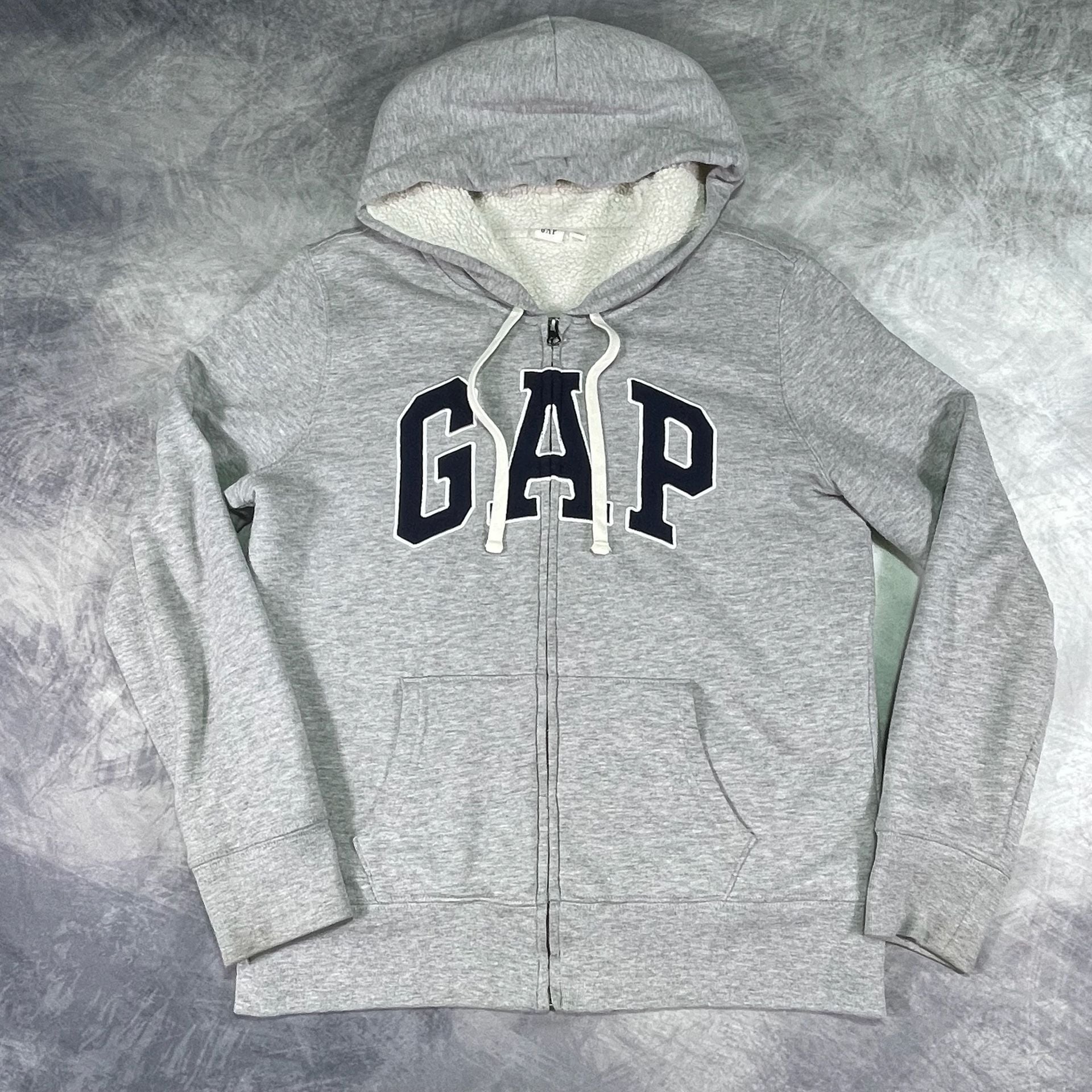 Gap Sherpa Lined Zip Up Hoodie Size M Gray Logo Sweatshirt 2