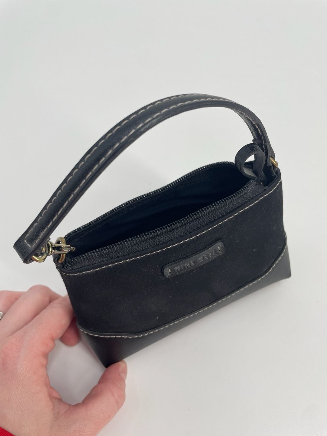 Nine West Mini Handbag Black Suede Faux Leather Wristlet 6
