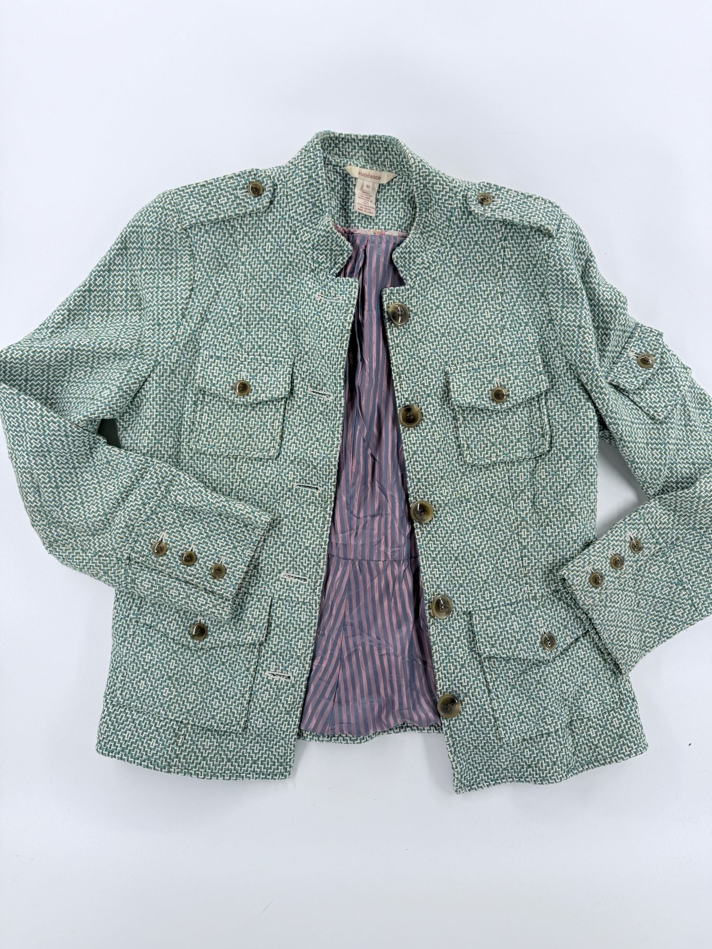 Sundance Tweed Utility Jacket Size 10 Green Wool Blend Button Cargo 2