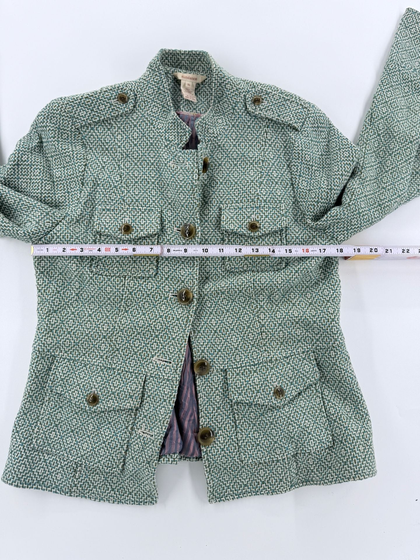 Sundance Tweed Utility Jacket Size 10 Green Wool Blend Button Cargo 6