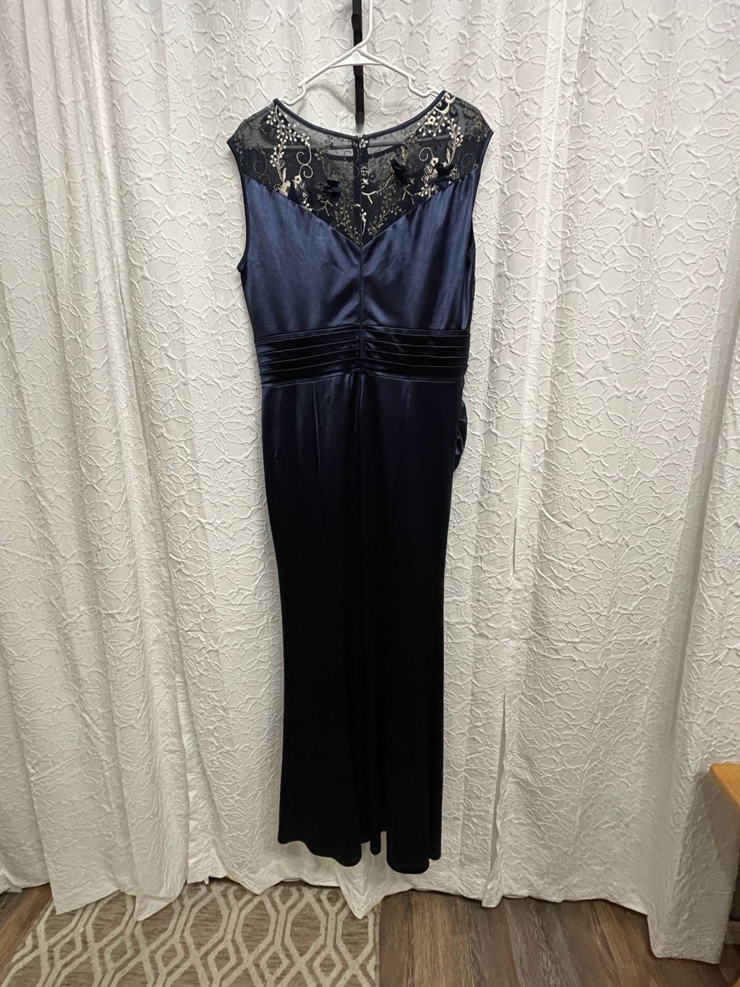 Vfshow Navy Blue Satin Embroidered Lace Overlay Evening Gown XL NWT Formal 3