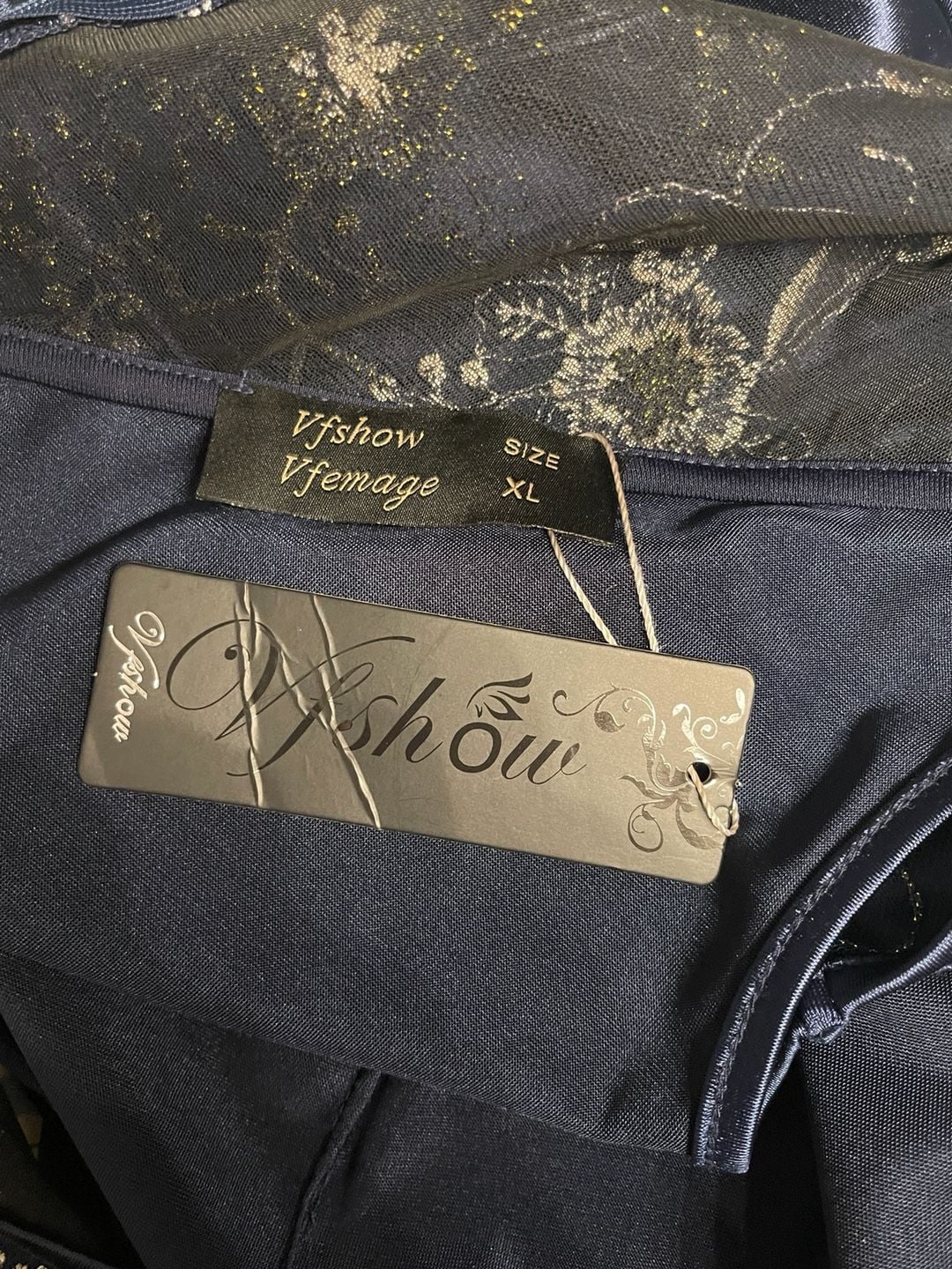 Vfshow Navy Blue Satin Embroidered Lace Overlay Evening Gown XL NWT Formal 4