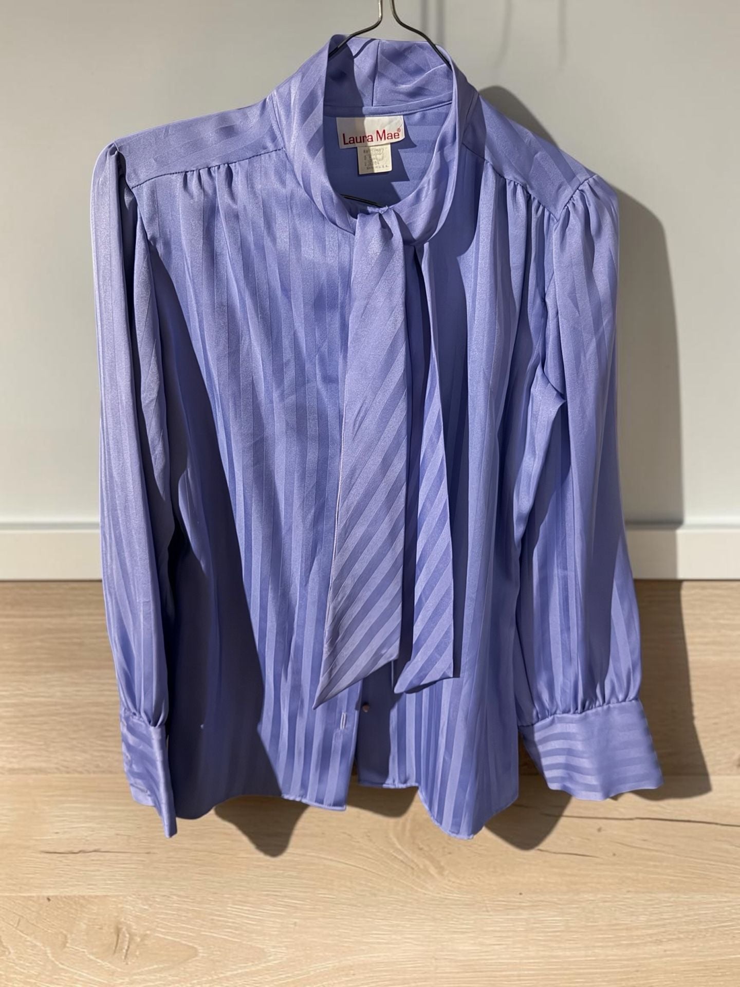 Laura Mae Blouse Size 8 Purple Striped Bow Neck Vintage 2
