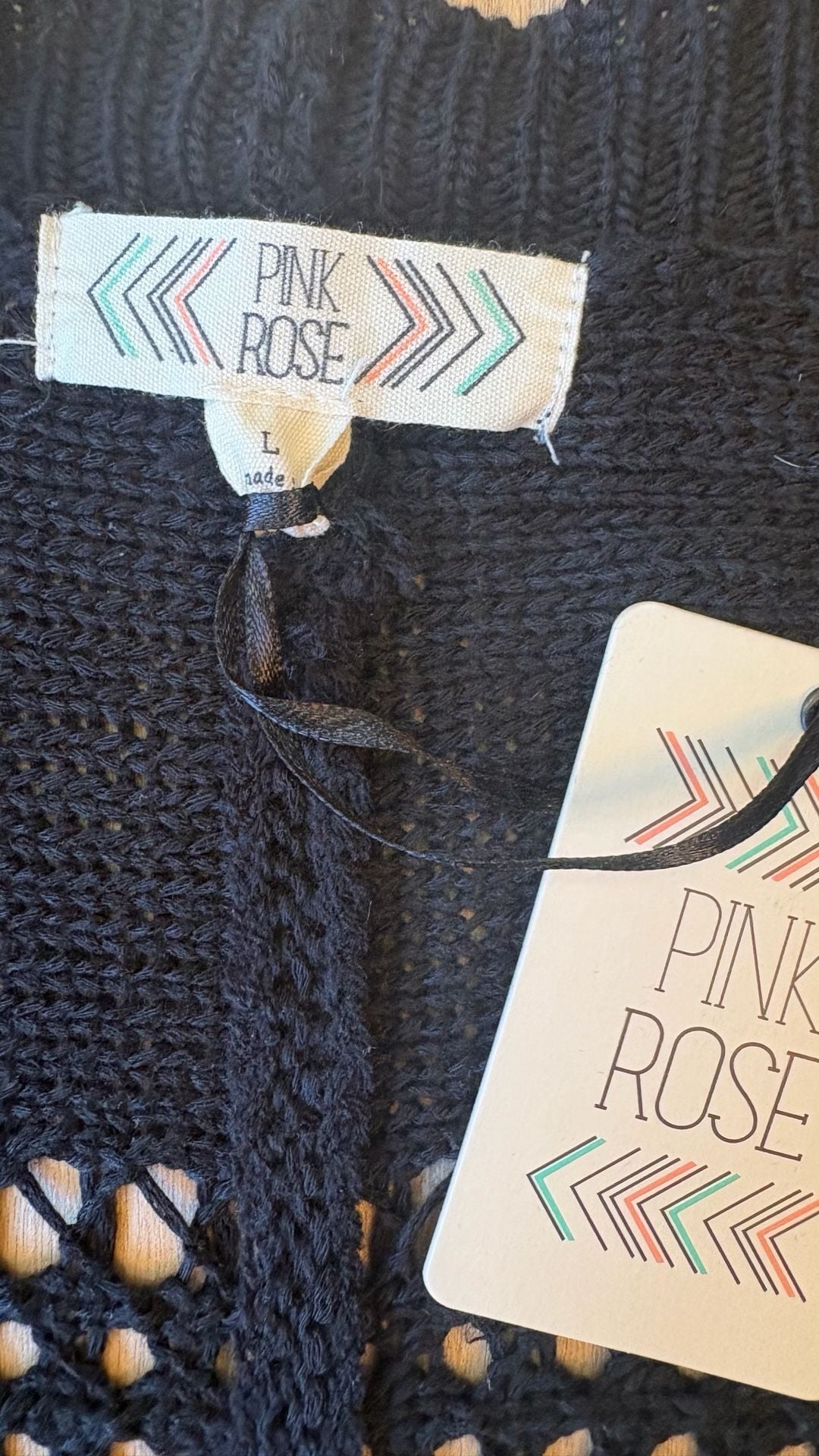 Pink Rose Crochet Open Front Cardigan Size L Black Knit Sweater 4