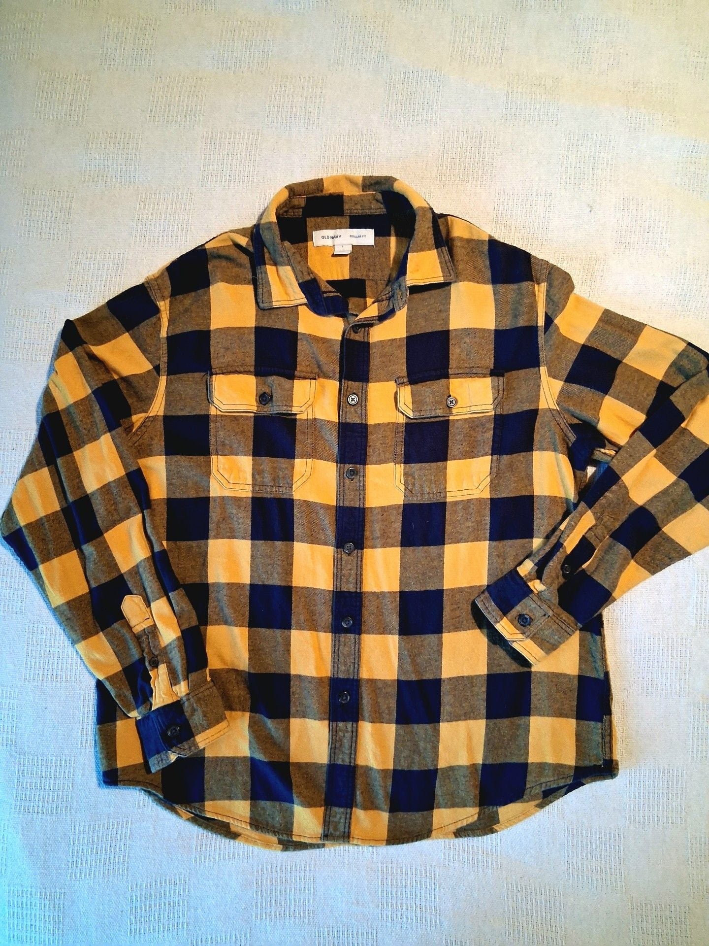Old Navy Flannel Shirt Size L Yellow Blue Plaid Long Sleeve 2