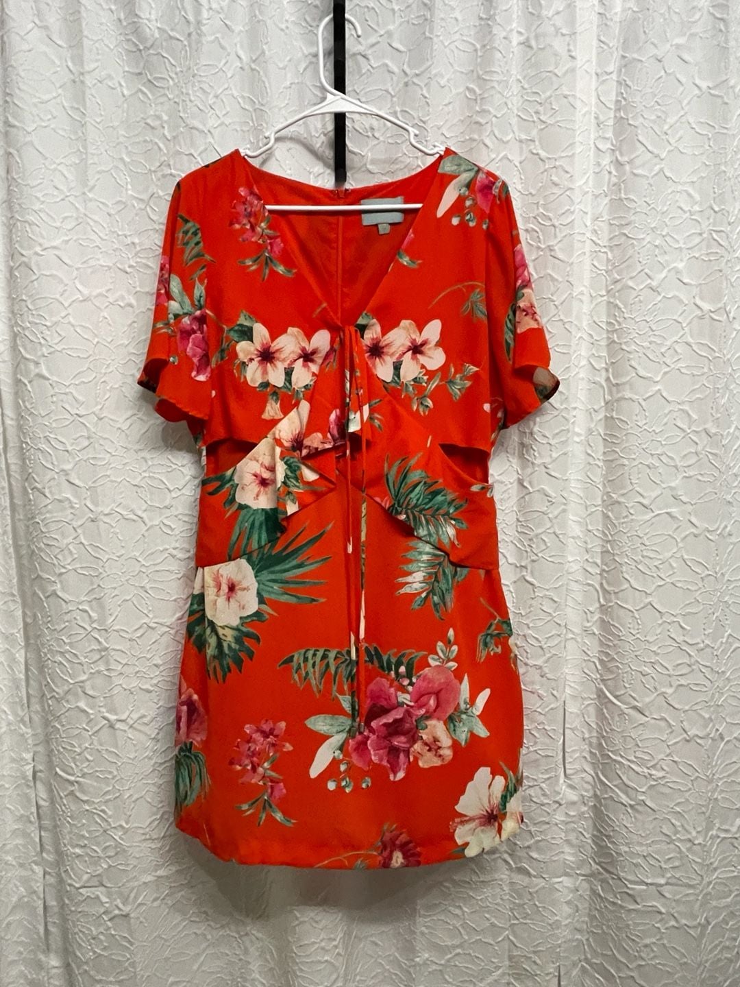 Skies Are Blue Tropical Floral Side Cutout Short Sleeve Romper Large Orange Red 2