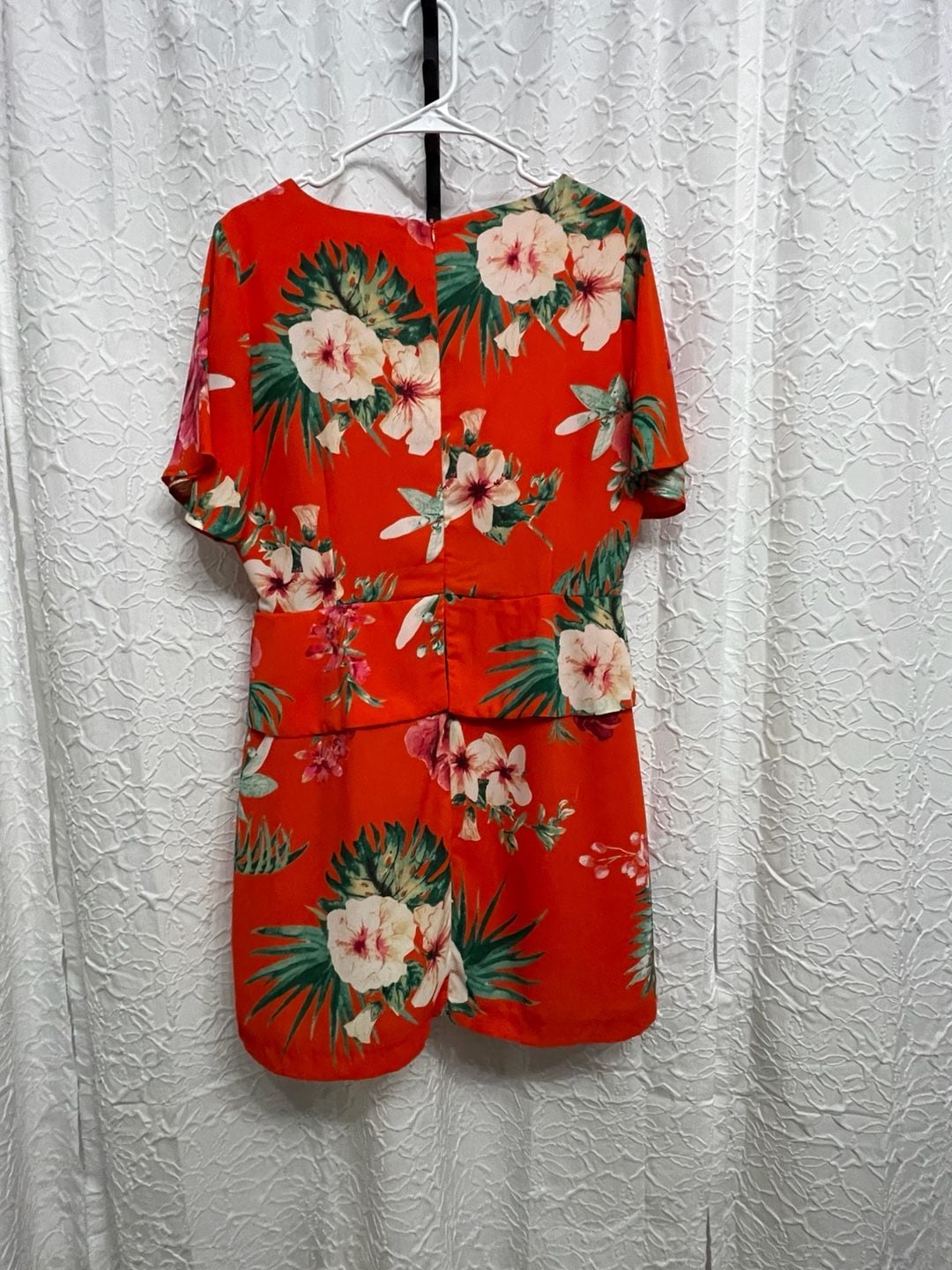 Skies Are Blue Tropical Floral Side Cutout Short Sleeve Romper Large Orange Red 4