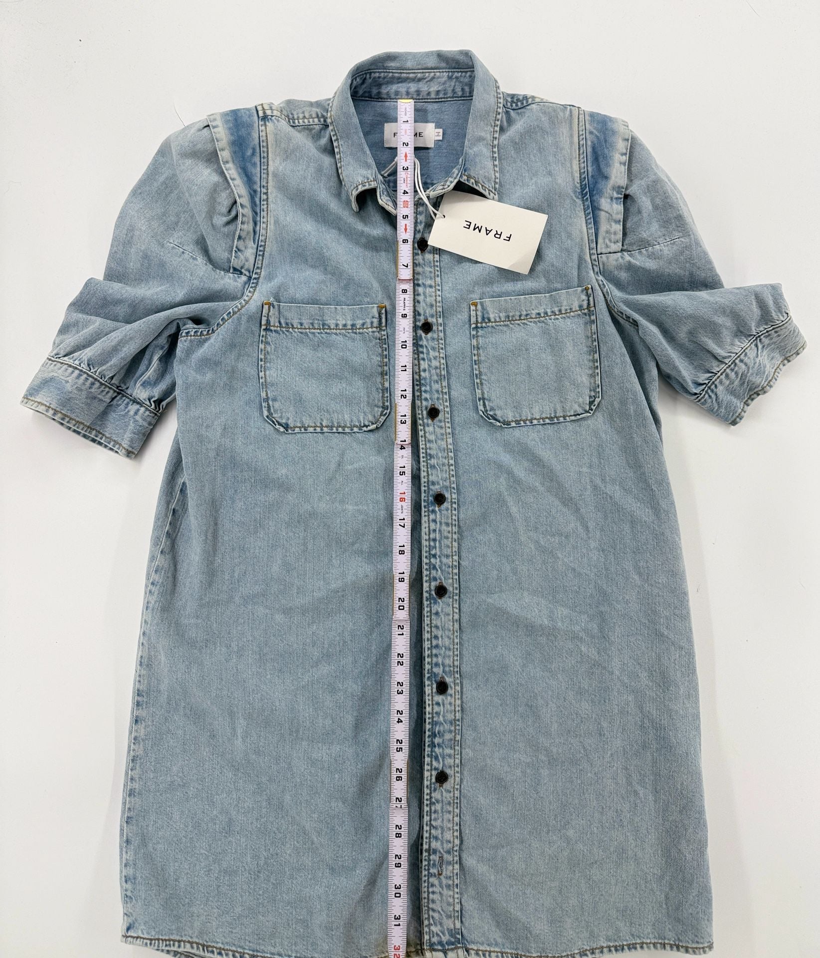 NWT FRAME Rosette Sleeve Shirt Dress Size L Blue Denim Dress 3
