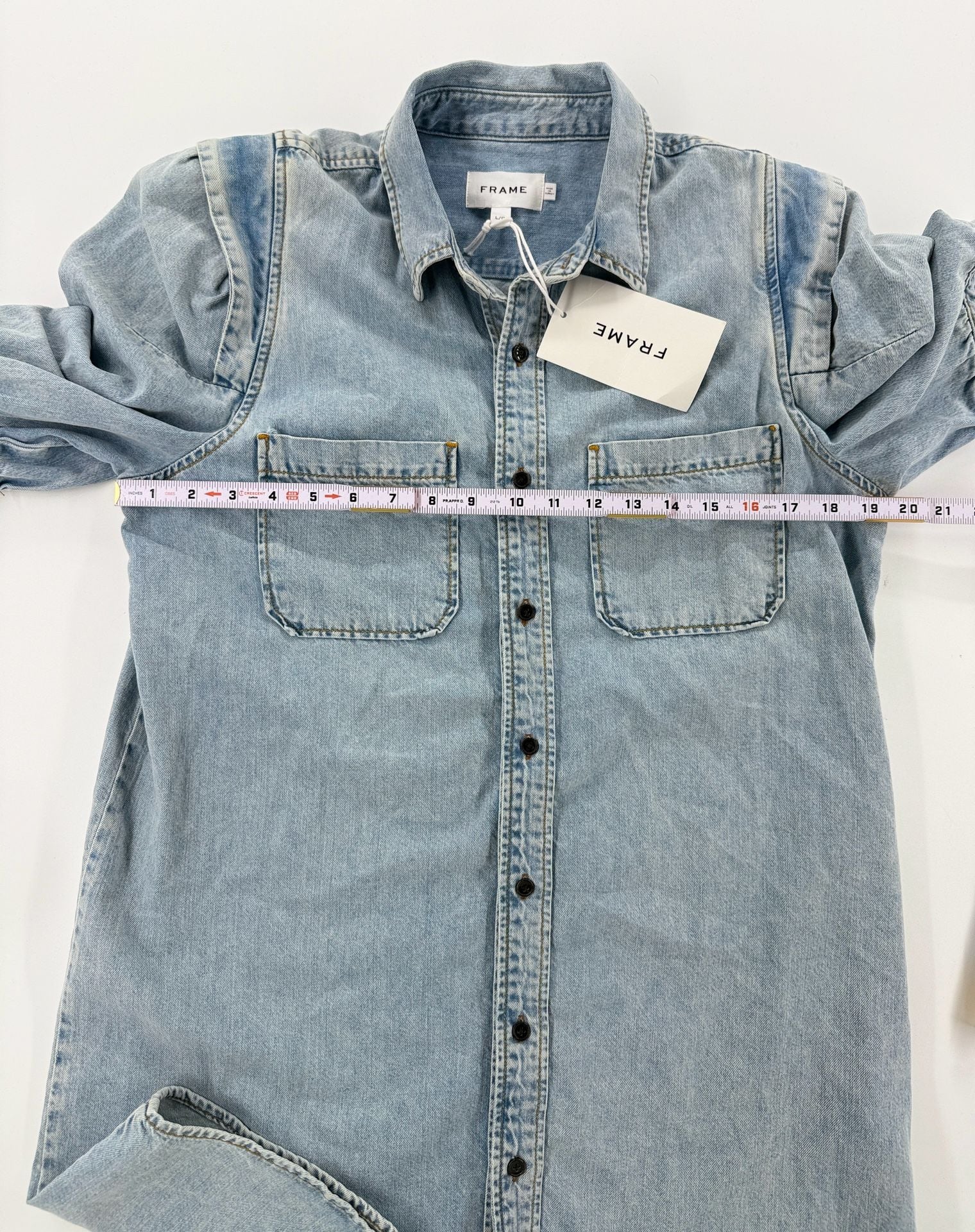 NWT FRAME Rosette Sleeve Shirt Dress Size L Blue Denim Dress 4