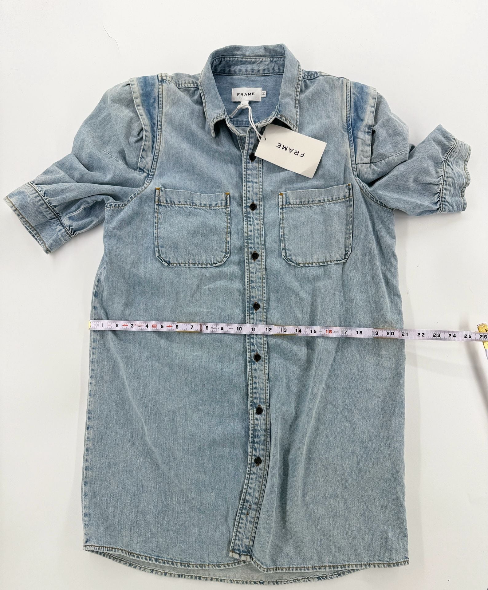 NWT FRAME Rosette Sleeve Shirt Dress Size L Blue Denim Dress 5