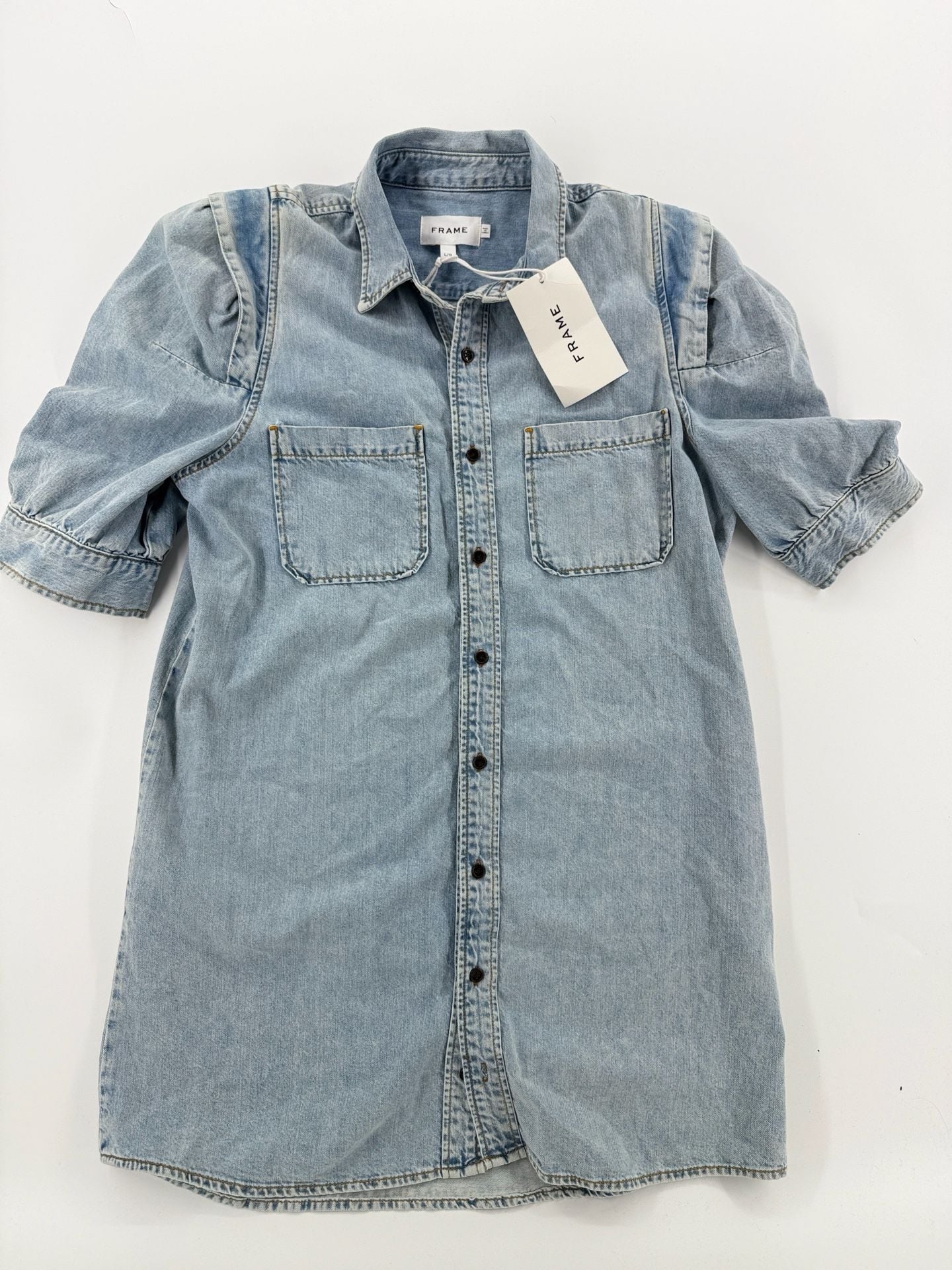 NWT FRAME Rosette Sleeve Shirt Dress Size L Blue Denim Dress 7
