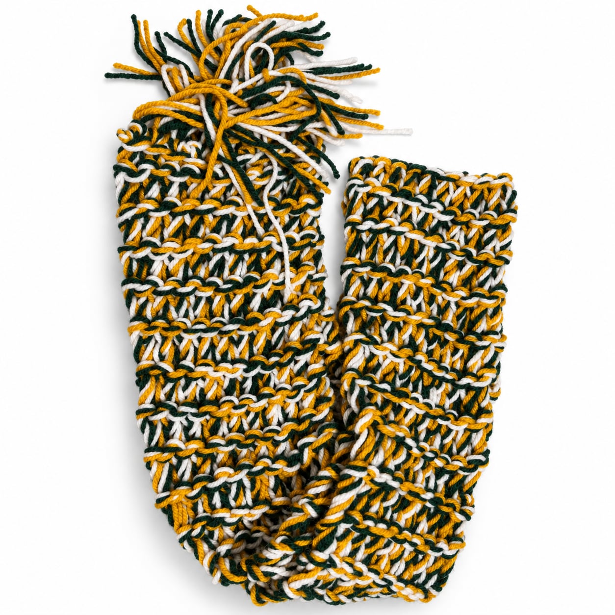 Handmade Crocheted Scarf Green Yellow White Fringe Winter / Packers Greenbay 2