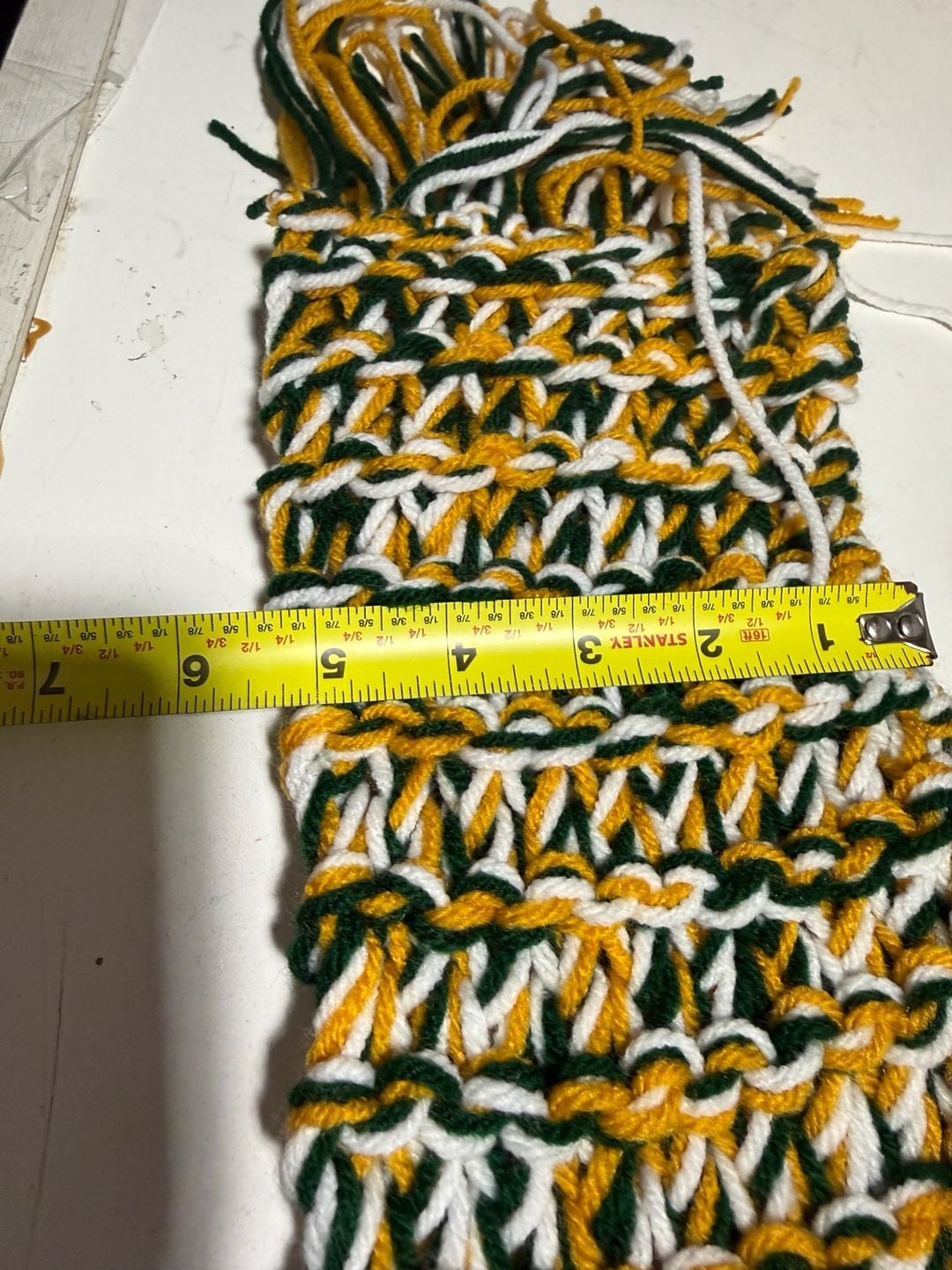 Handmade Crocheted Scarf Green Yellow White Fringe Winter / Packers Greenbay 3