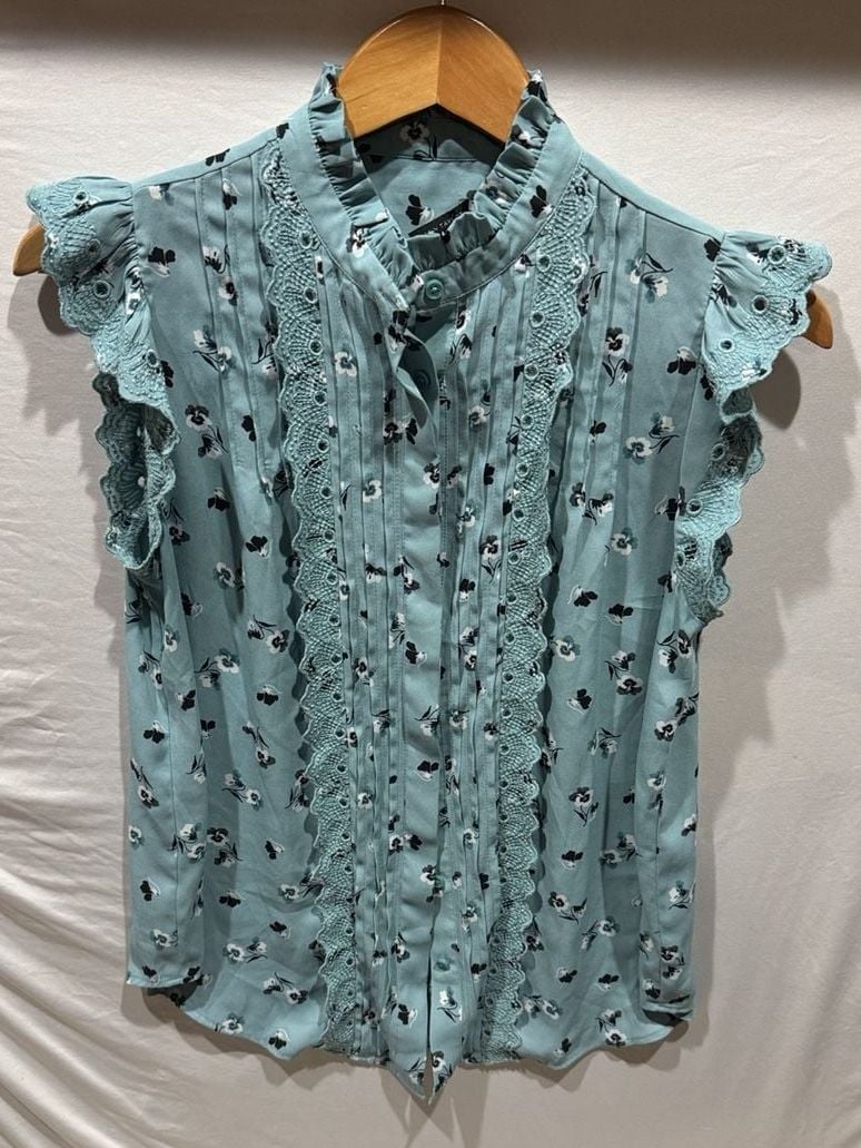 Ann Taylor Ruffle Blouse Size S Blue Floral Sleeveless Eyelet Trim 2