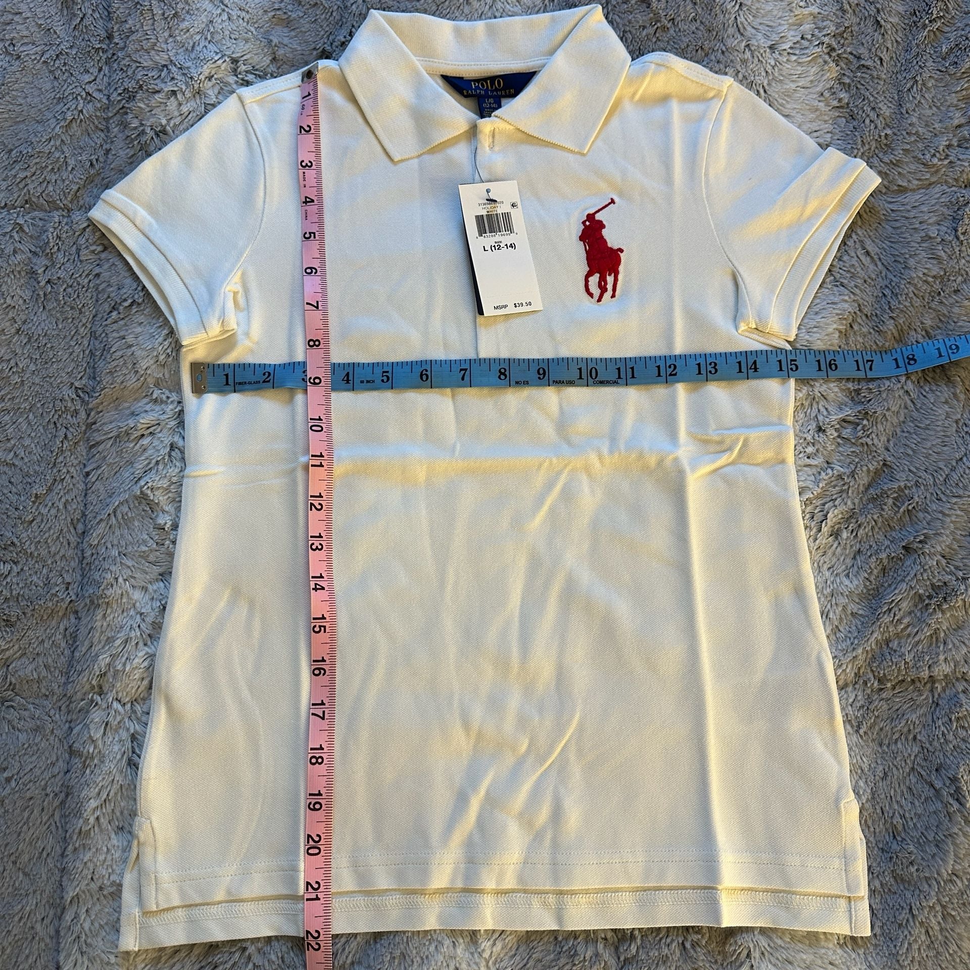 New Polo Ralph Lauren Polo Shirt Size L 12-14 White Red Big Pony Cotton 2