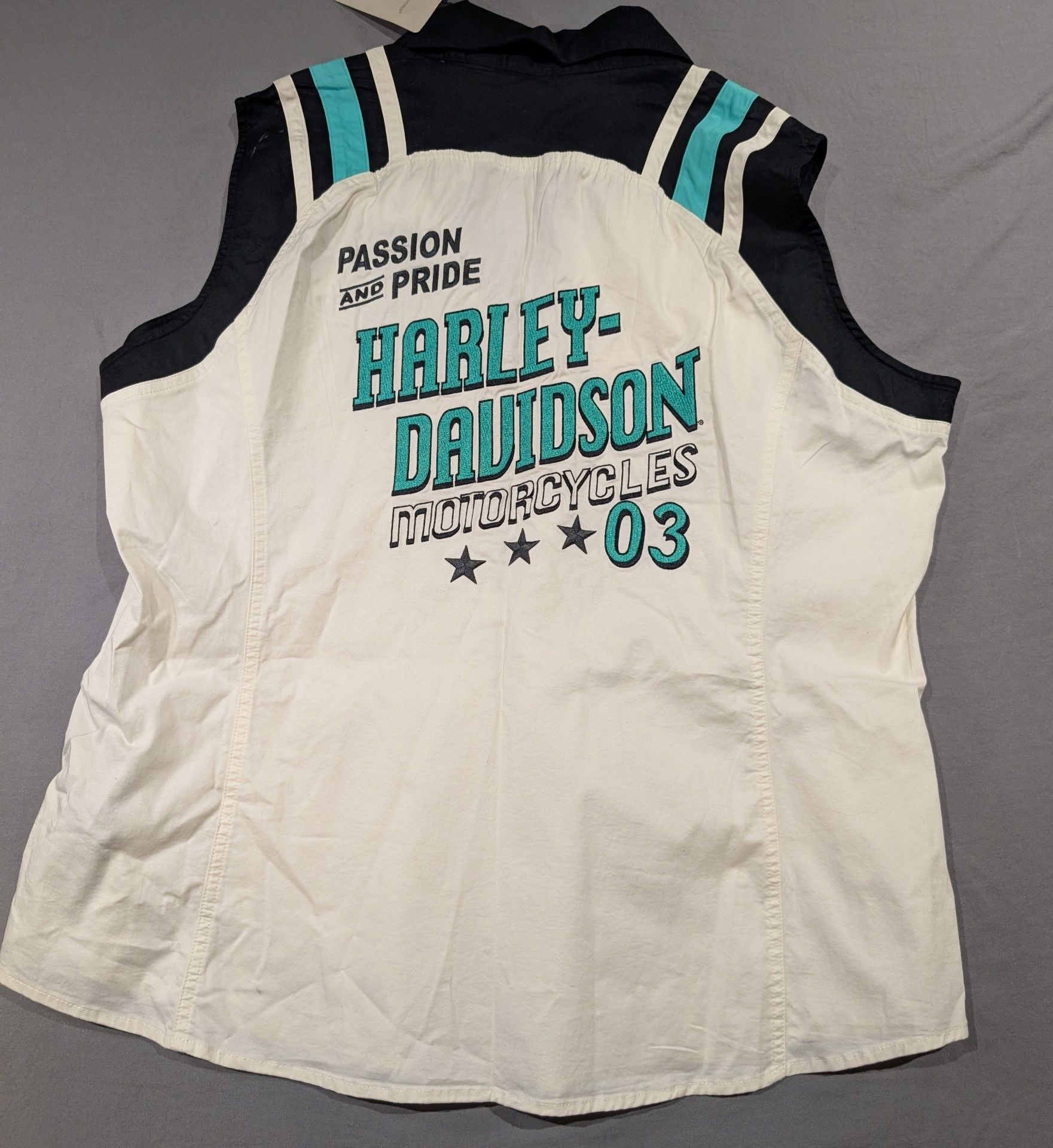 Harley-Davidson Sleeveless Zip Shirt Size 1W White Black Teal Embroidered NWT 5
