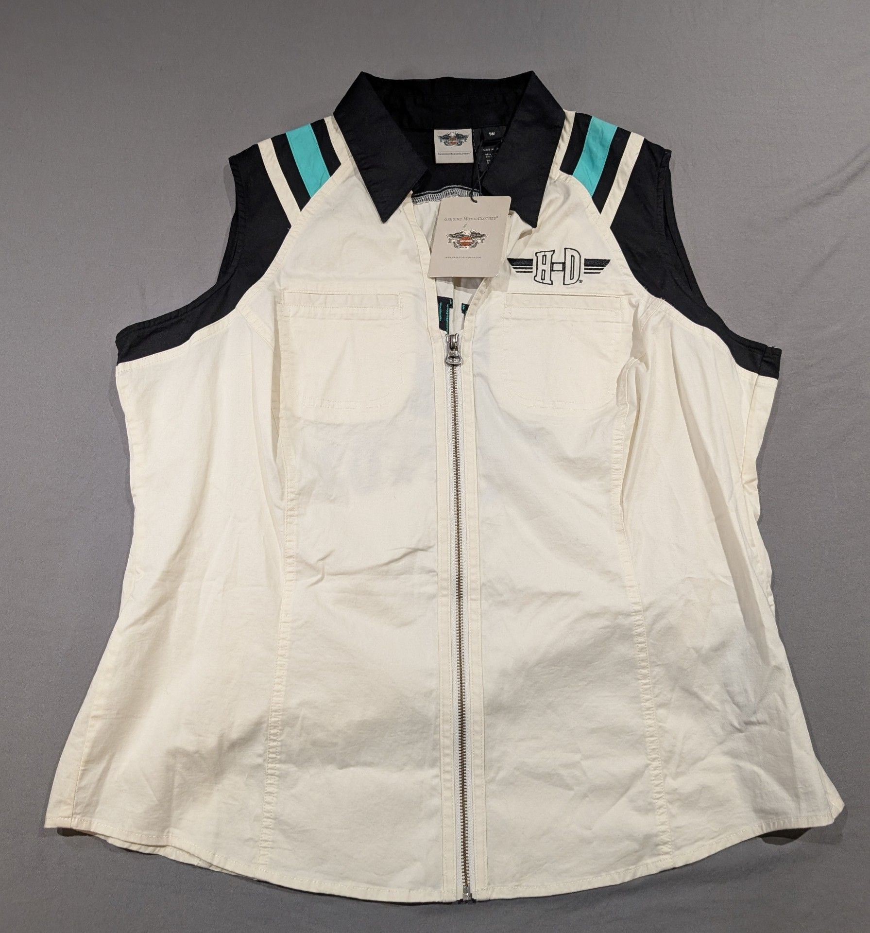 Harley-Davidson Sleeveless Zip Shirt Size 1W White Black Teal Embroidered NWT 3