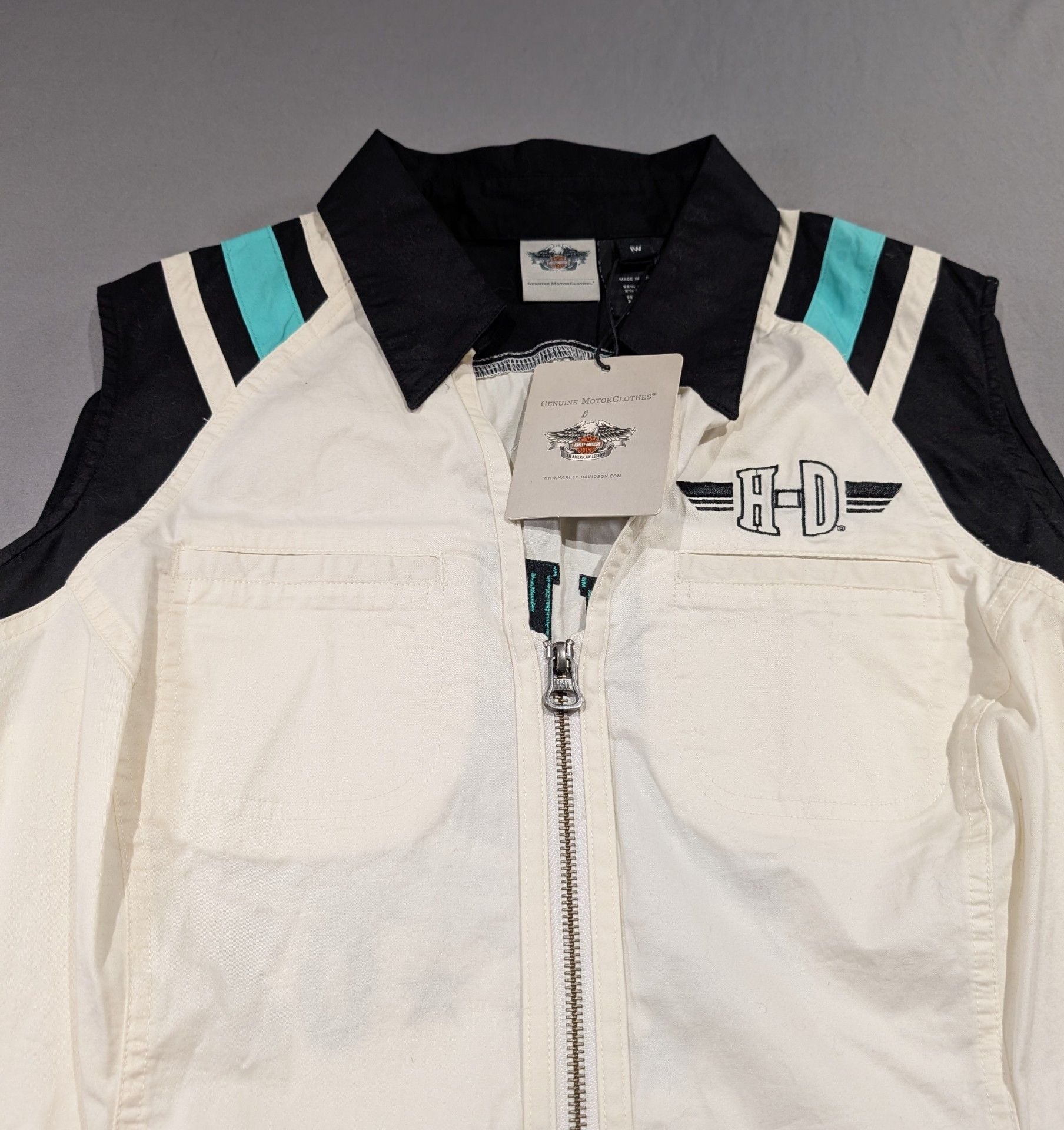Harley-Davidson Sleeveless Zip Shirt Size 1W White Black Teal Embroidered NWT 2