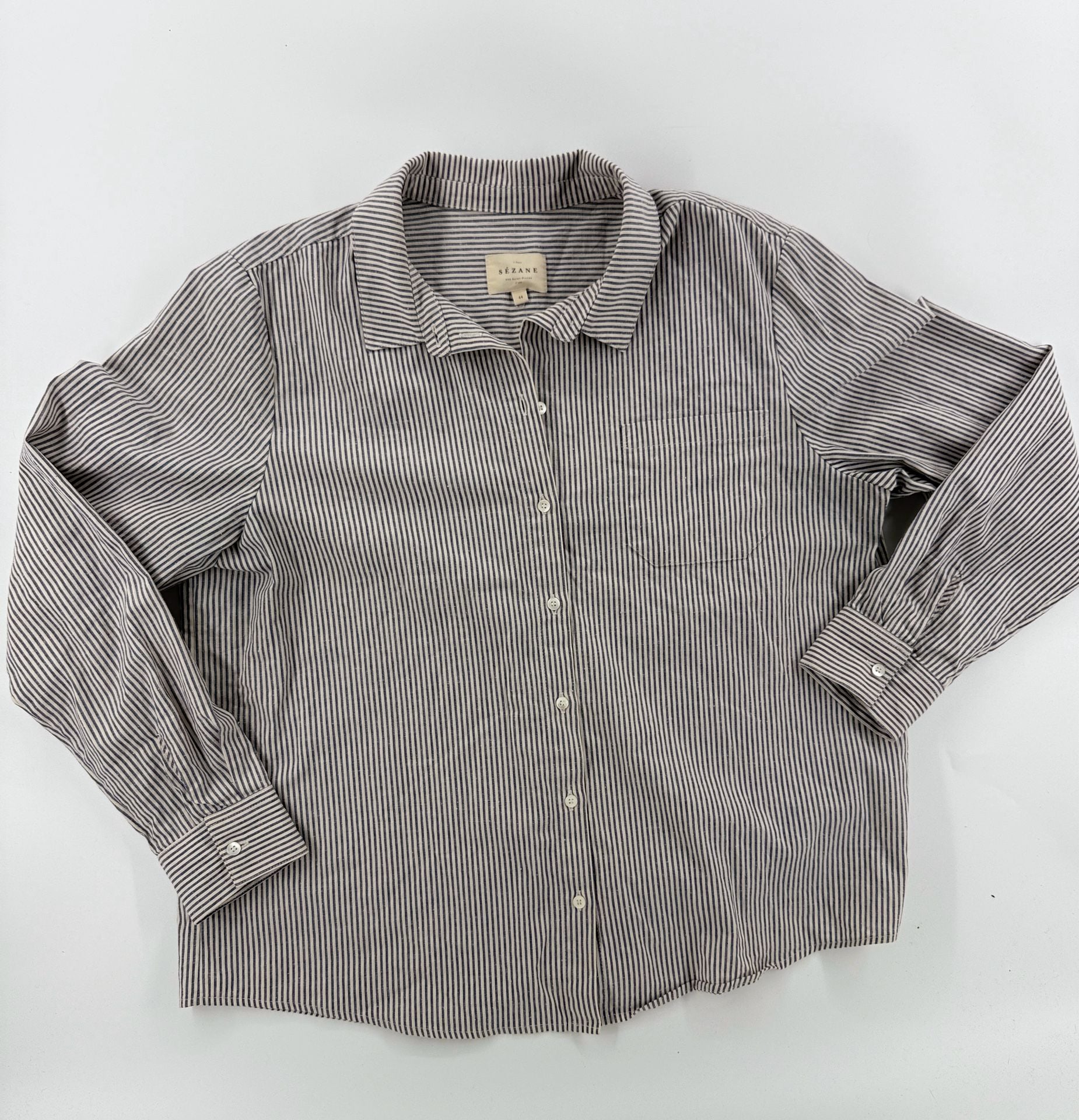 Sézane Striped Long Sleeve Button Up Shirt Size 44 Blue White 3