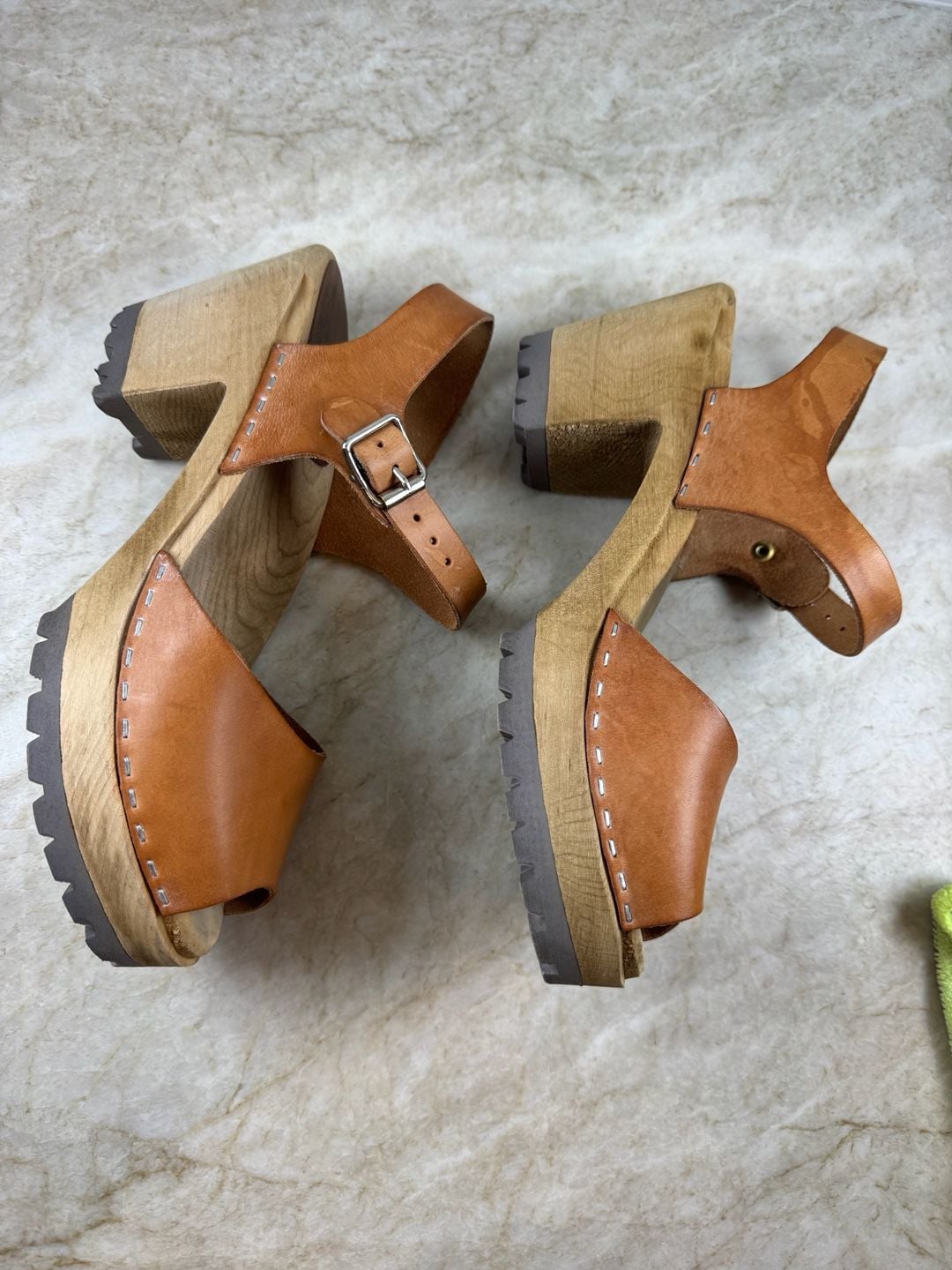 MIA Greta Swedish Clog Sandals Brown Leather Wood Platform Lug Sole EU 40 7