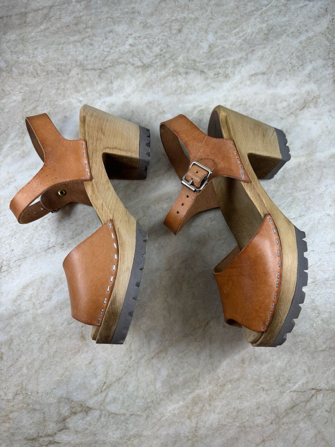 MIA Greta Swedish Clog Sandals Brown Leather Wood Platform Lug Sole EU 40 8
