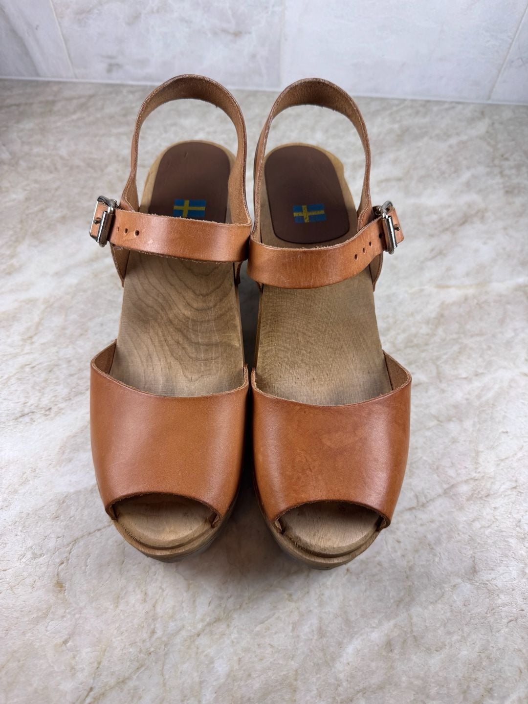 MIA Greta Swedish Clog Sandals Brown Leather Wood Platform Lug Sole EU 40 12