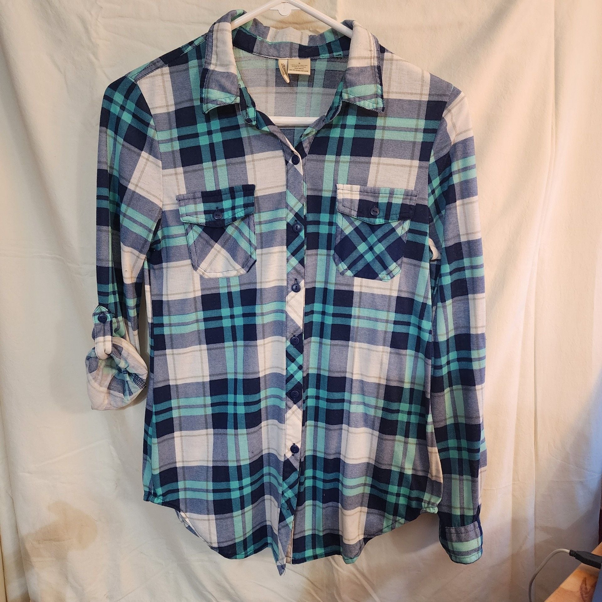 Passpirt Plaid Button Up Shirt Size S Blue Teal White women's 2