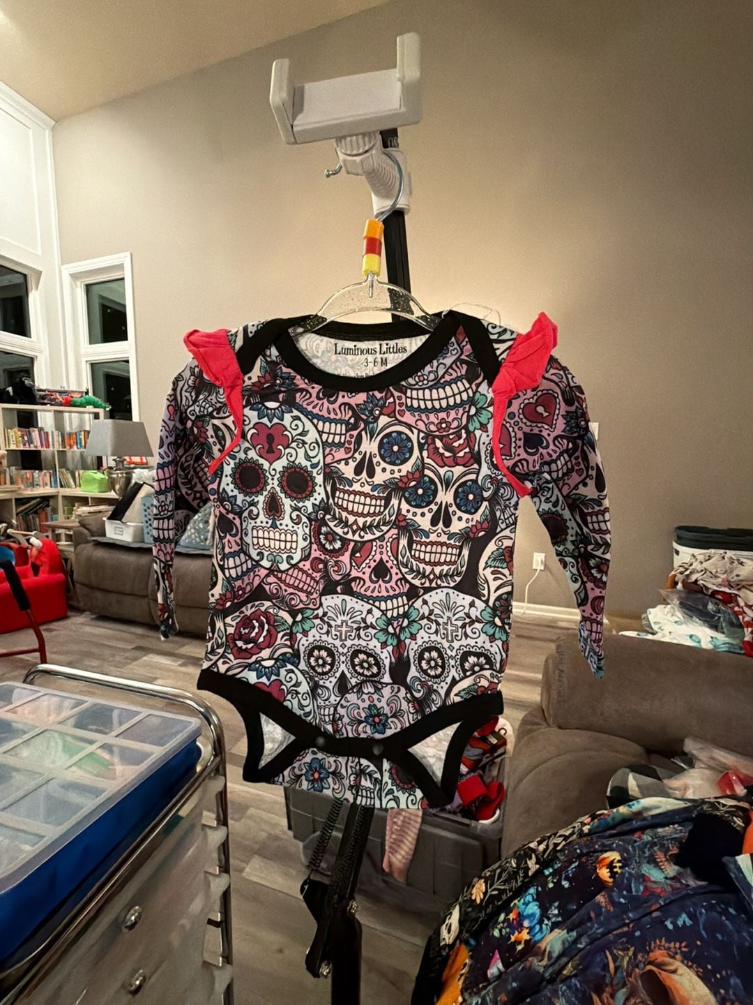 Luminous Littles Bodysuit Size 3-6 M Sugar Skull Long Sleeve Ruffle 2