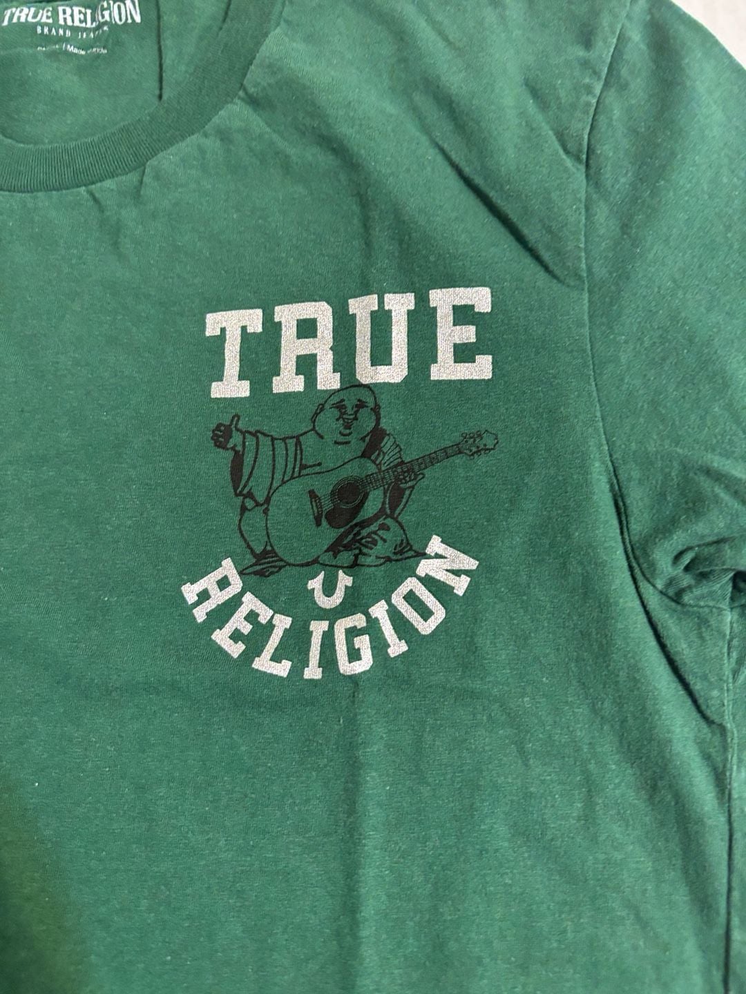 True Religion Graphic T-Shirt Size Small Green Buddha Guitar 3