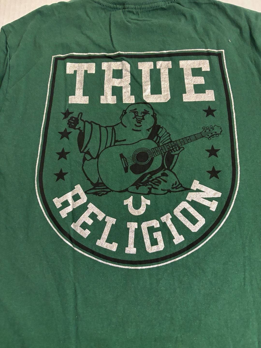 True Religion Graphic T-Shirt Size Small Green Buddha Guitar 6