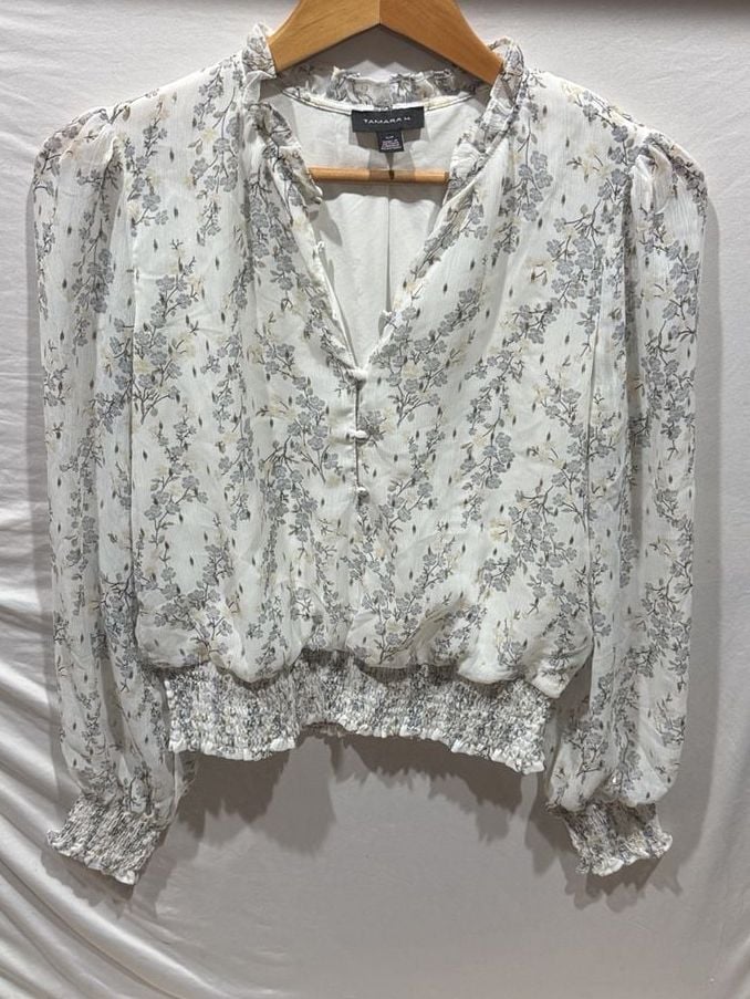 Tamara H. Blouse Size S/P White Floral Long Sleeve Smocked Waist 2