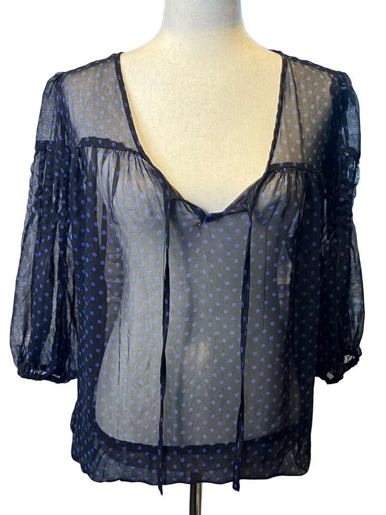 Ultra Flirt Blouse Size XL Black Blue Polka Dot Sheer V-Neck Long Sleeve 2